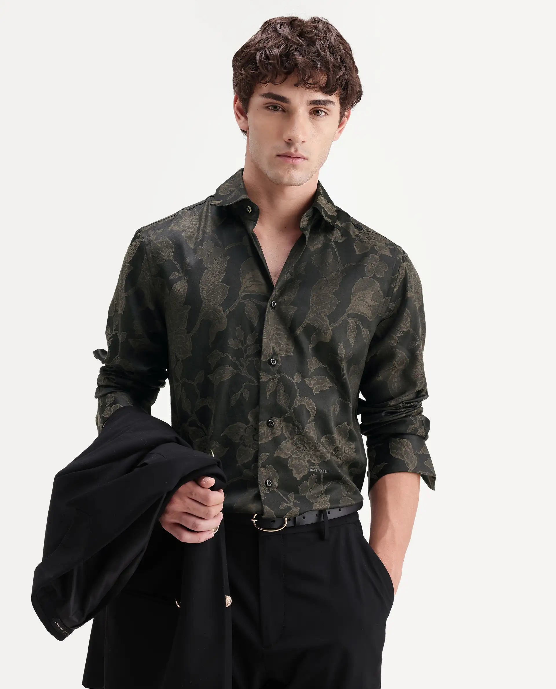 Rare Rabbit Men's Nomo Black Polyester Blend Fabric Spread Collar Regular Fit Jacquard Shirt