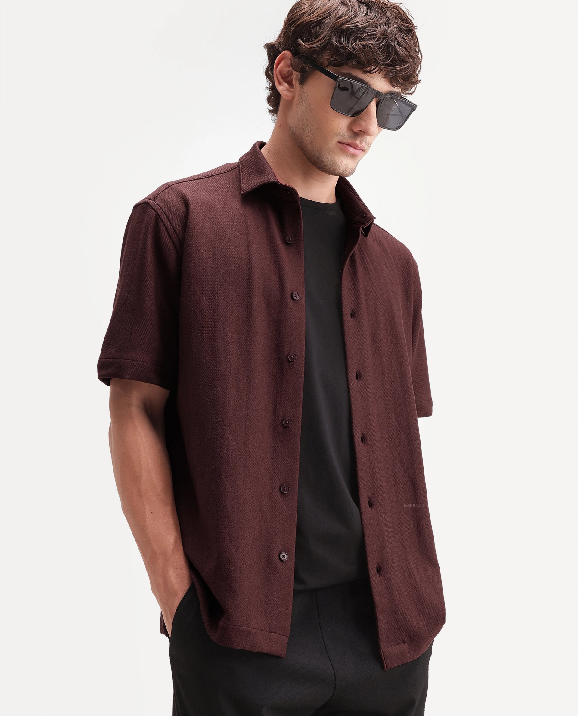 Rare Rabbit Men's Leno Brown Cotton Blend Fabric Spread Collar Regular Fit Plain Shirt