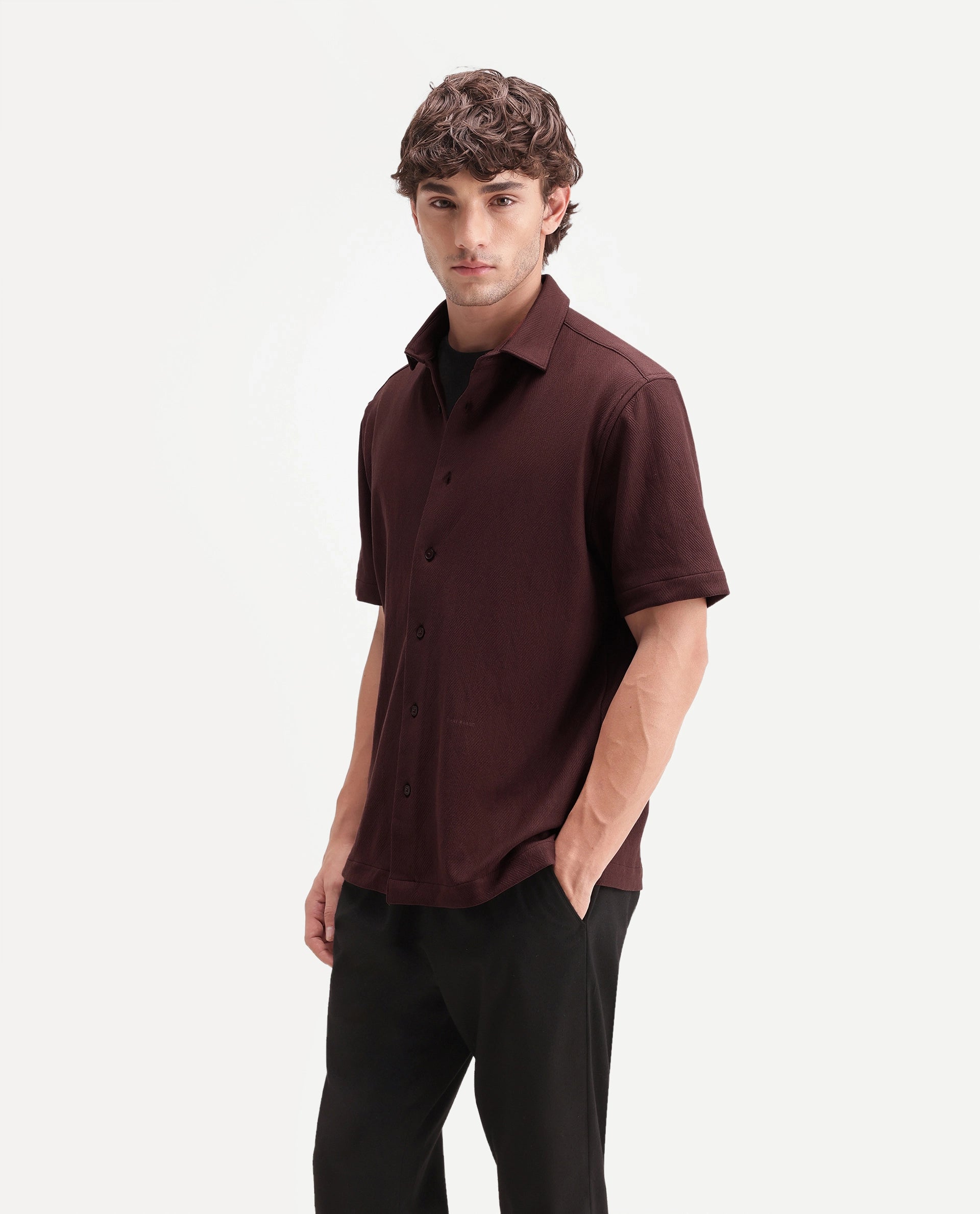 Rare Rabbit Men's Leno Brown Cotton Blend Fabric Spread Collar Regular Fit Plain Shirt