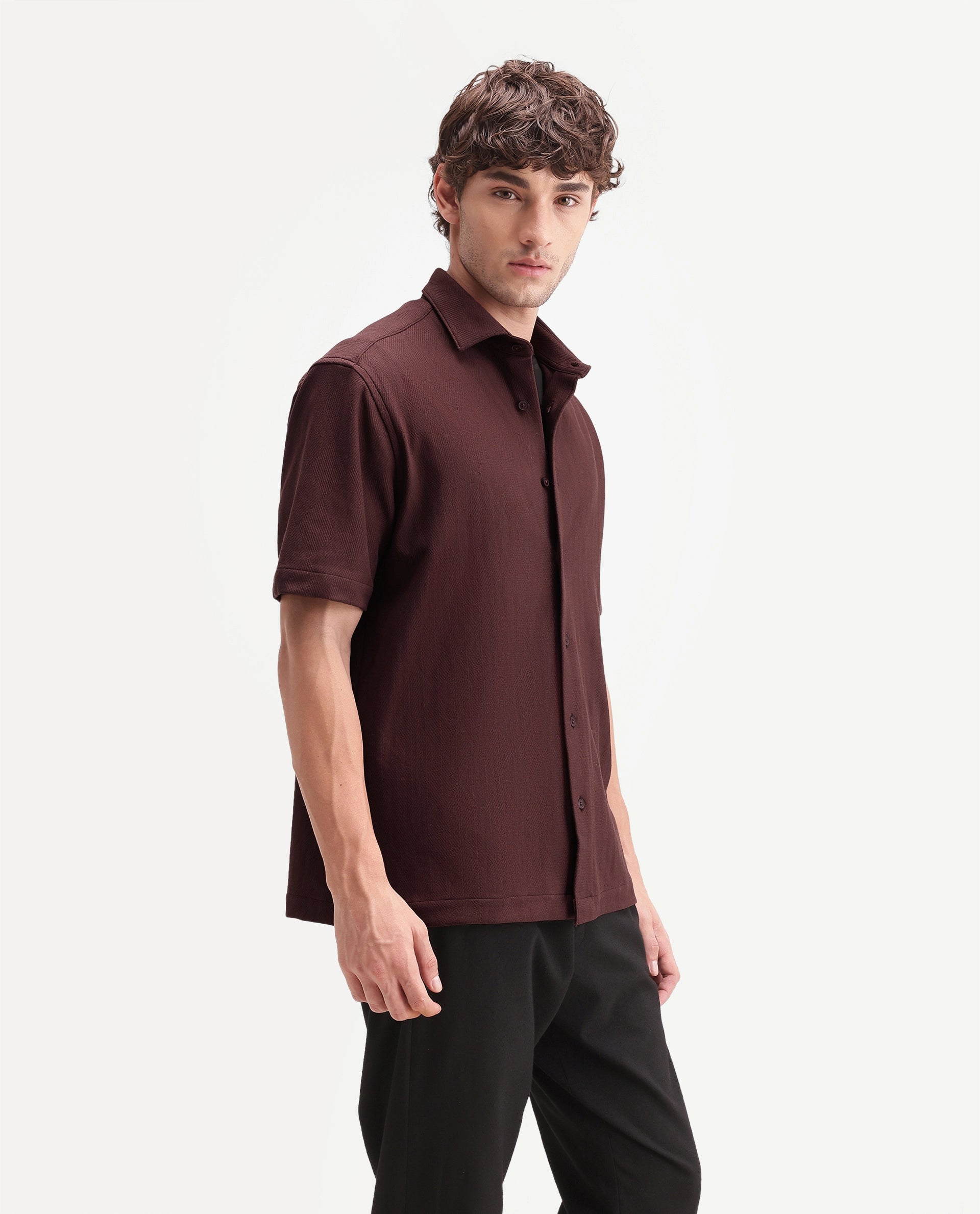 Rare Rabbit Men's Leno Brown Cotton Blend Fabric Spread Collar Regular Fit Plain Shirt