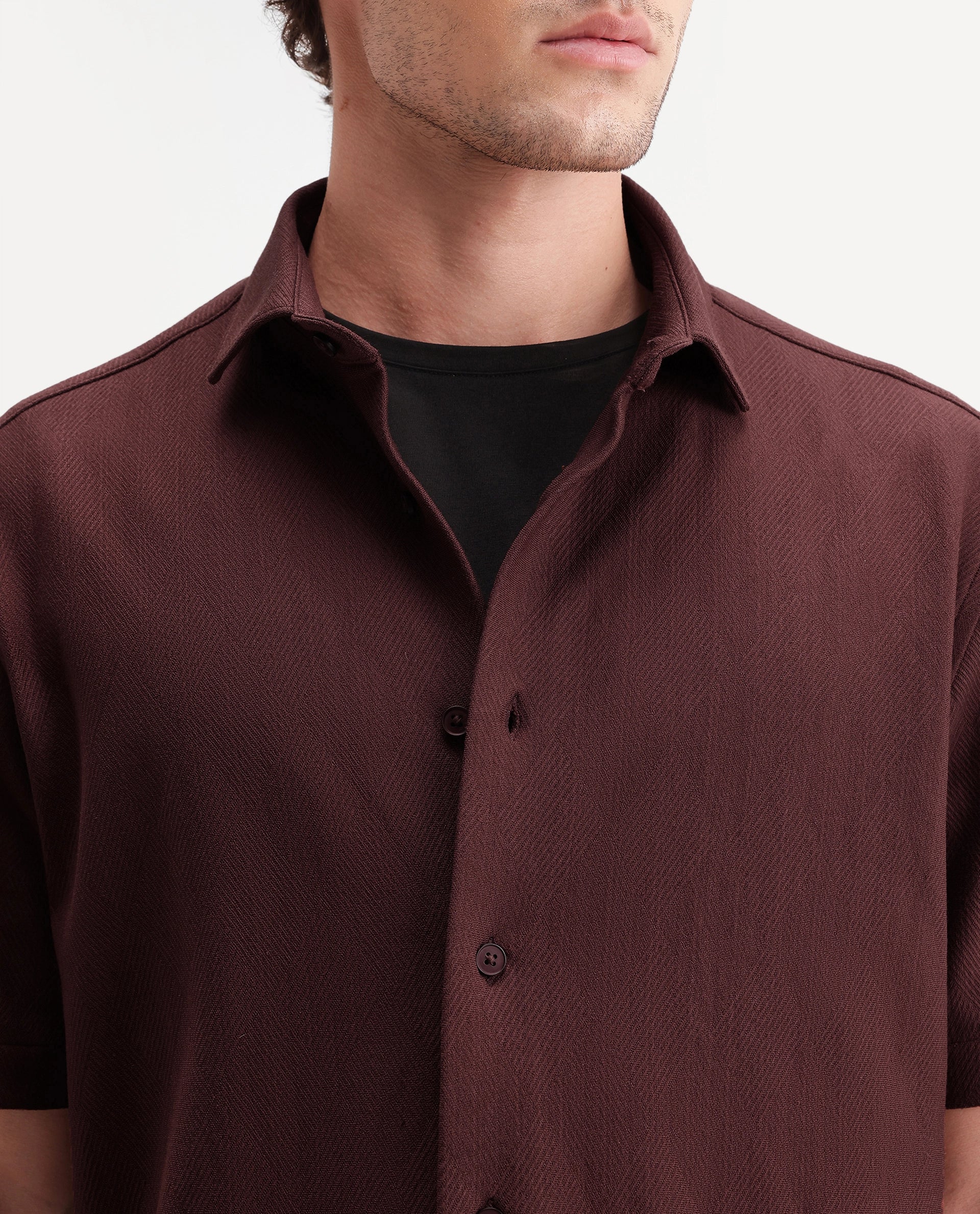 Rare Rabbit Men's Leno Brown Cotton Blend Fabric Spread Collar Regular Fit Plain Shirt