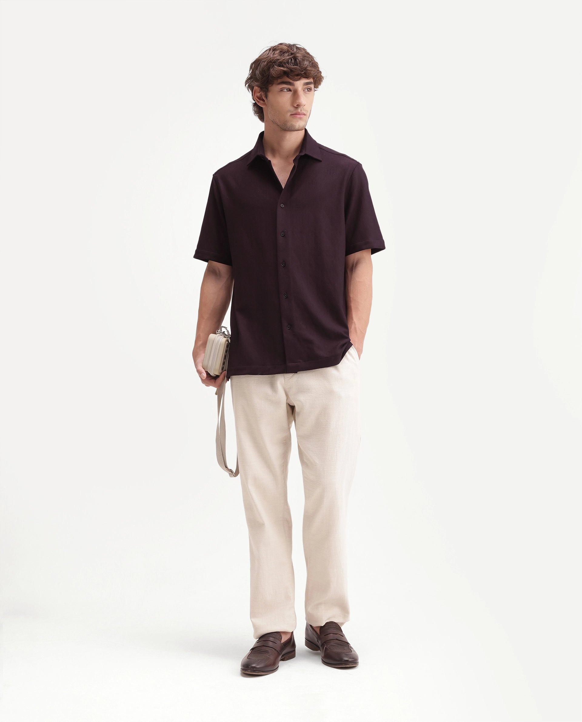 Rare Rabbit Men's Leno Dark Purple Cotton Blend Fabric Spread Collar Regular Fit Plain Shirt