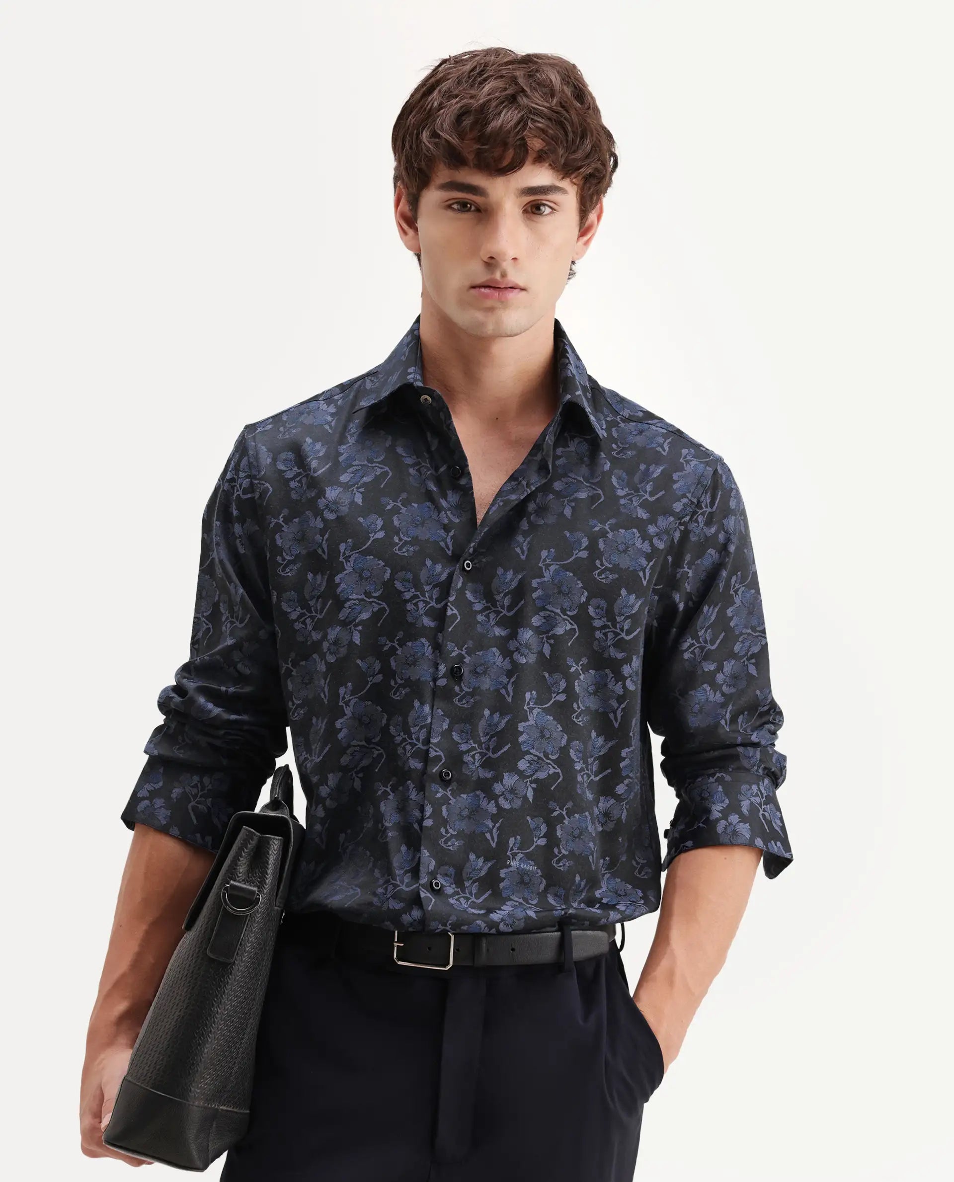 Rare Rabbit Men's Koba Dark Blue Polyester Blend Fabric Spread Collar Regular Fit Floral Print Shirt
