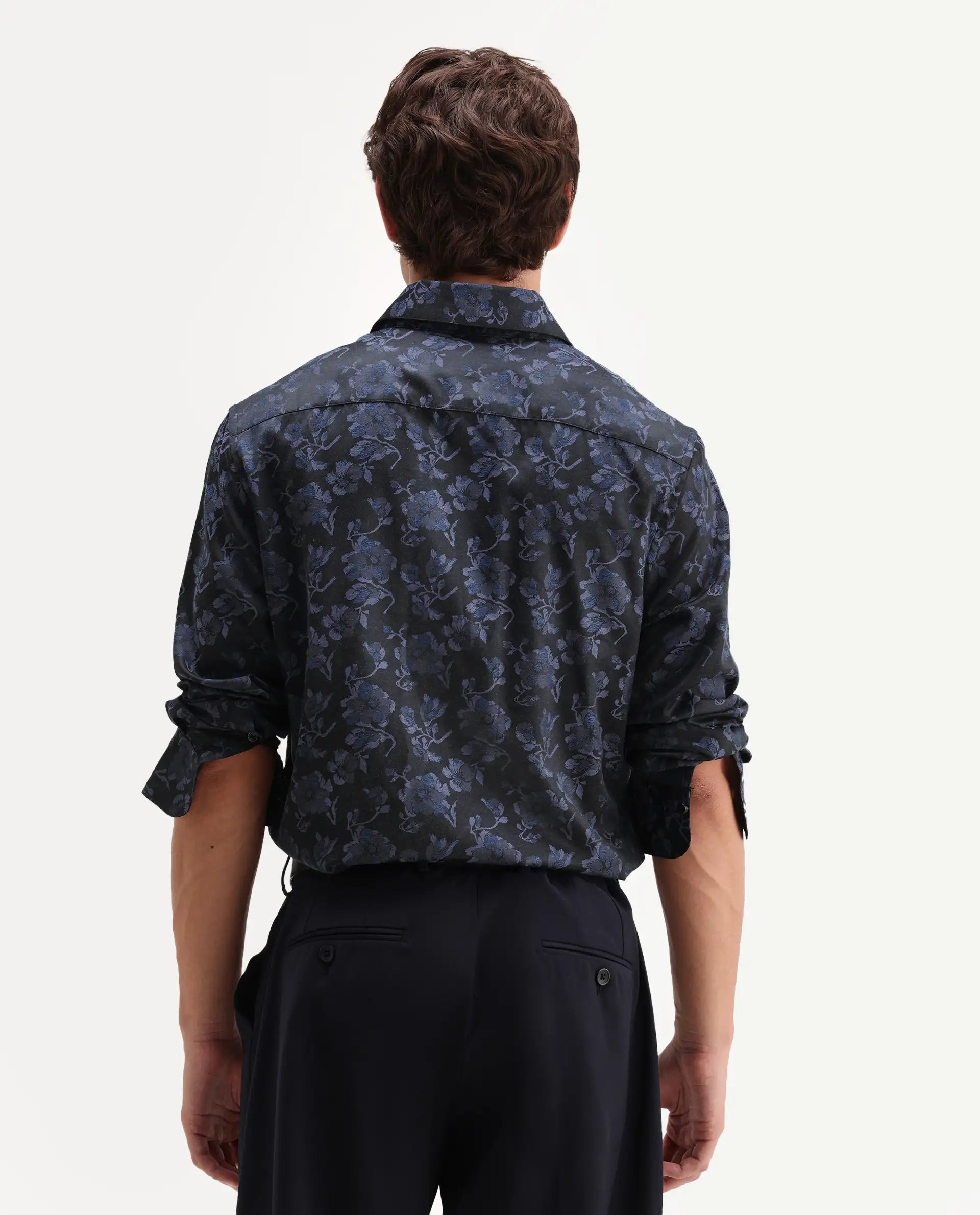 Rare Rabbit Men's Koba Dark Blue Polyester Blend Fabric Spread Collar Regular Fit Floral Print Shirt