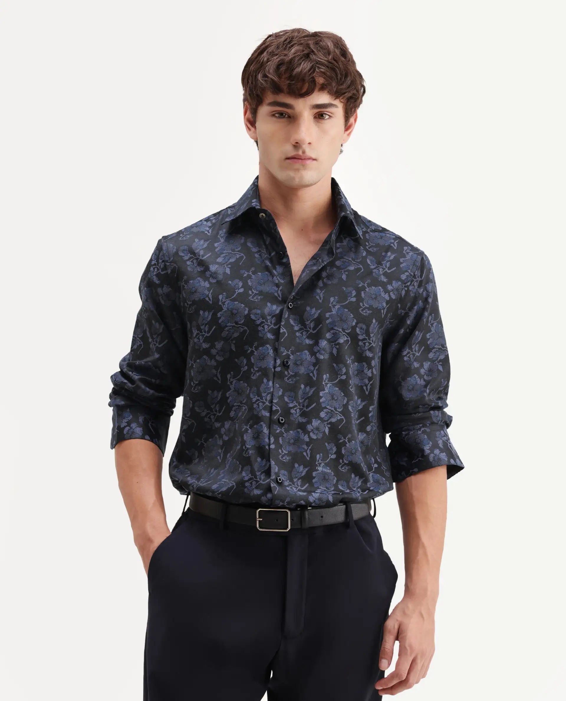 Rare Rabbit Men's Koba Dark Blue Polyester Blend Fabric Spread Collar Regular Fit Floral Print Shirt