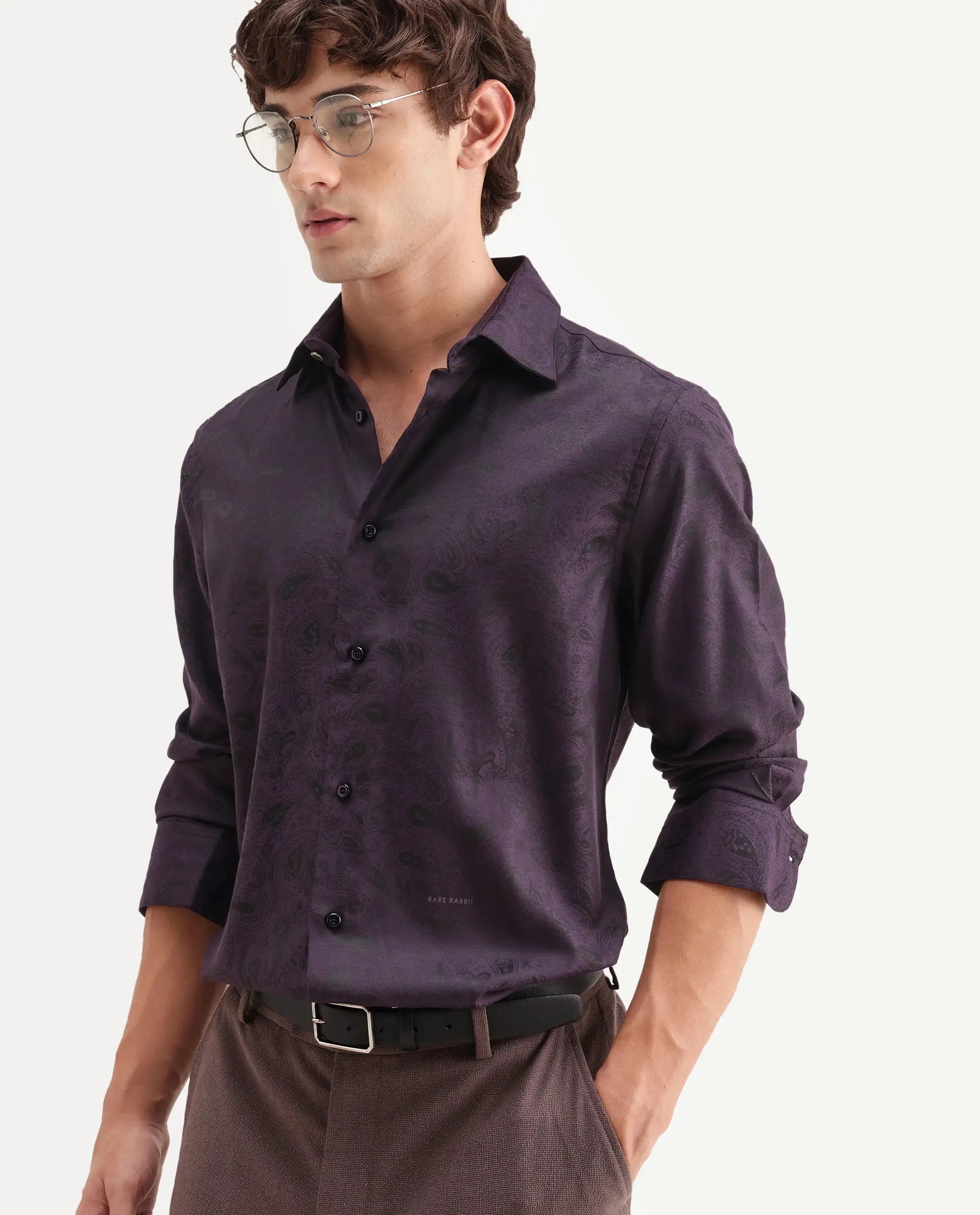 Rare Rabbit Men's Lobo Dark Purple Polyester Blend Spread Collar Regular Fit Paisley Print Shirt
