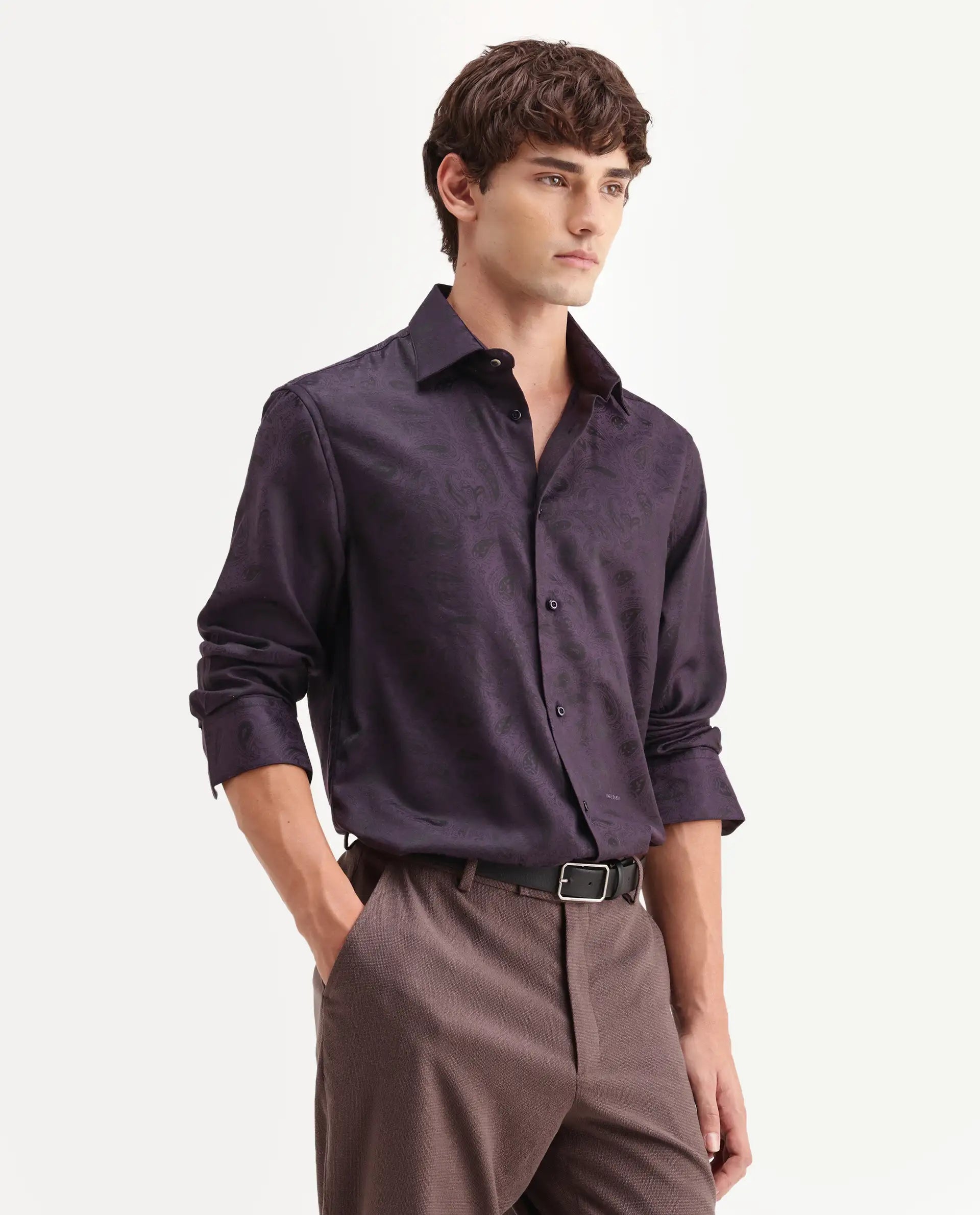 Rare Rabbit Men's Lobo Dark Purple Polyester Blend Spread Collar Regular Fit Paisley Print Shirt