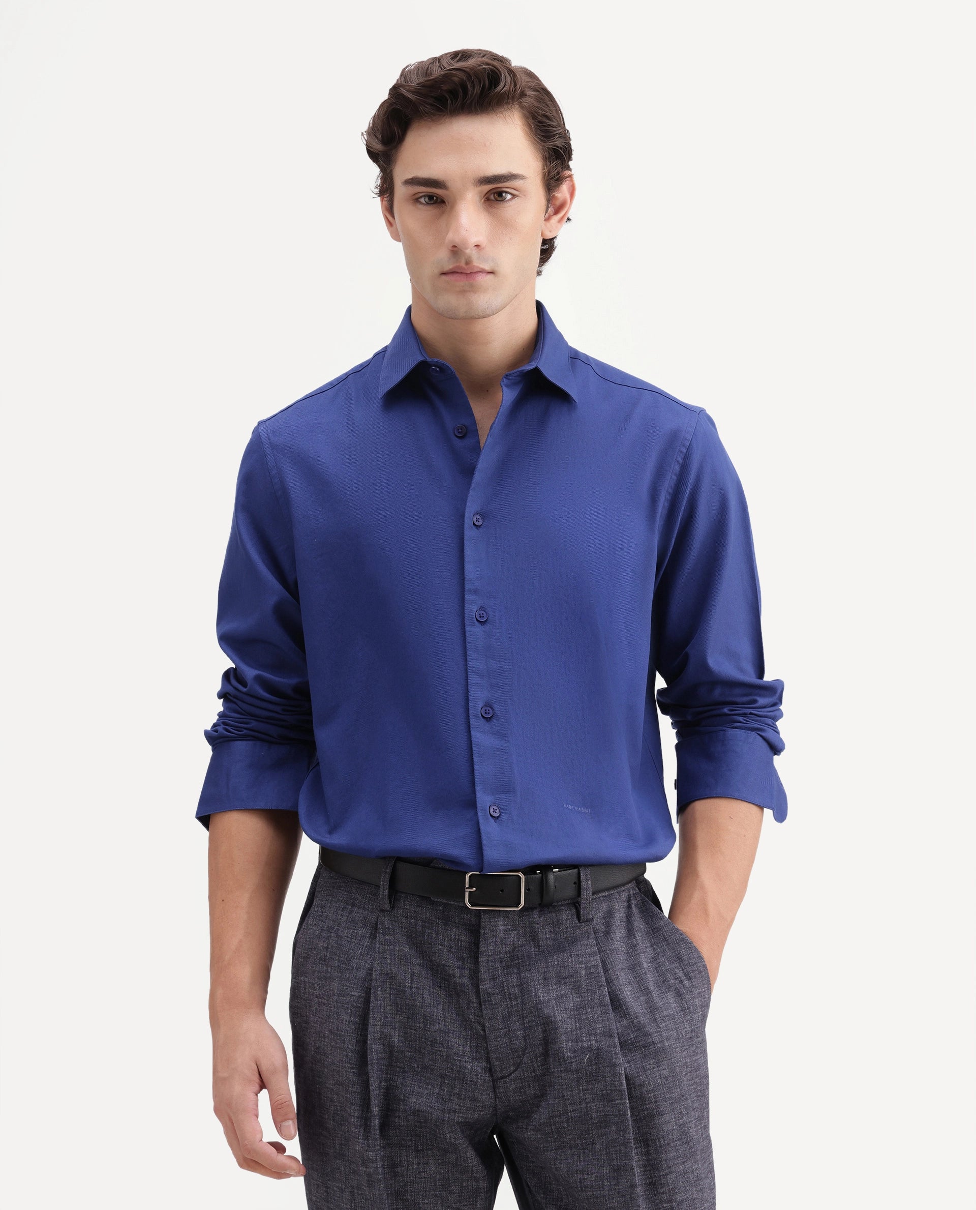 Rare Rabbit Men's Sern Light Blue Cotton Spread Collar Button Regular Plain Shirt