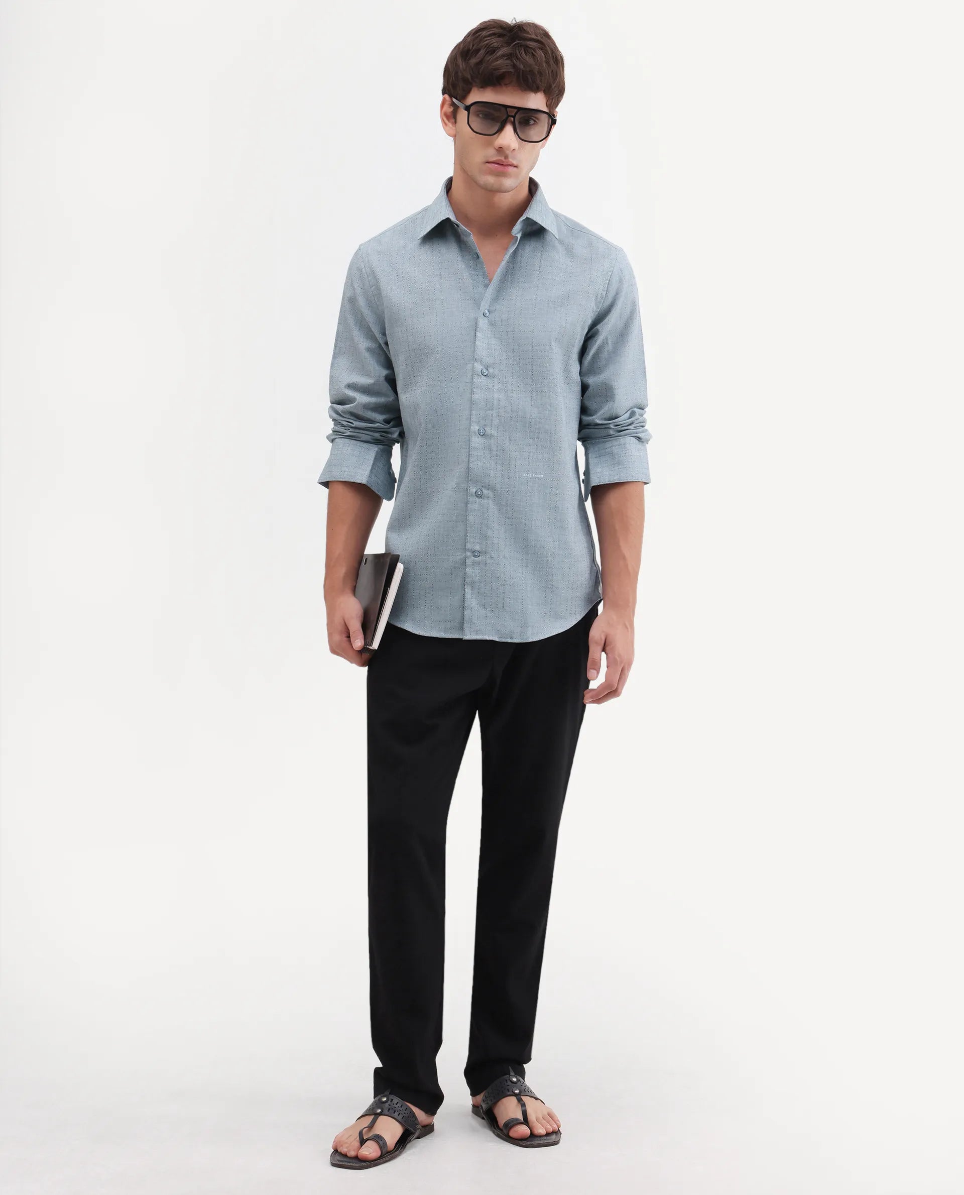 Rare Rabbit Men's Throt Dusky Blue Cotton Blend Fabric Spread Collar Regular Fit Checked Shirt