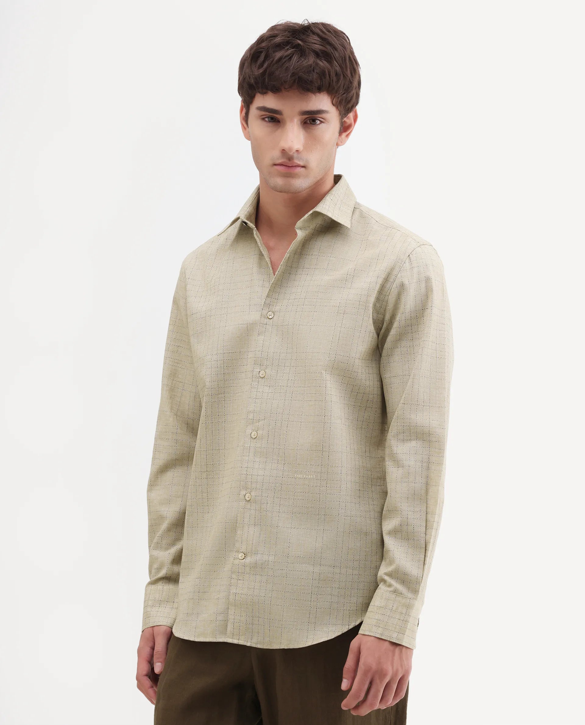 Rare Rabbit Men's Throt Khaki Cotton Blend Fabric Spread Collar Regular Fit Checked Shirt