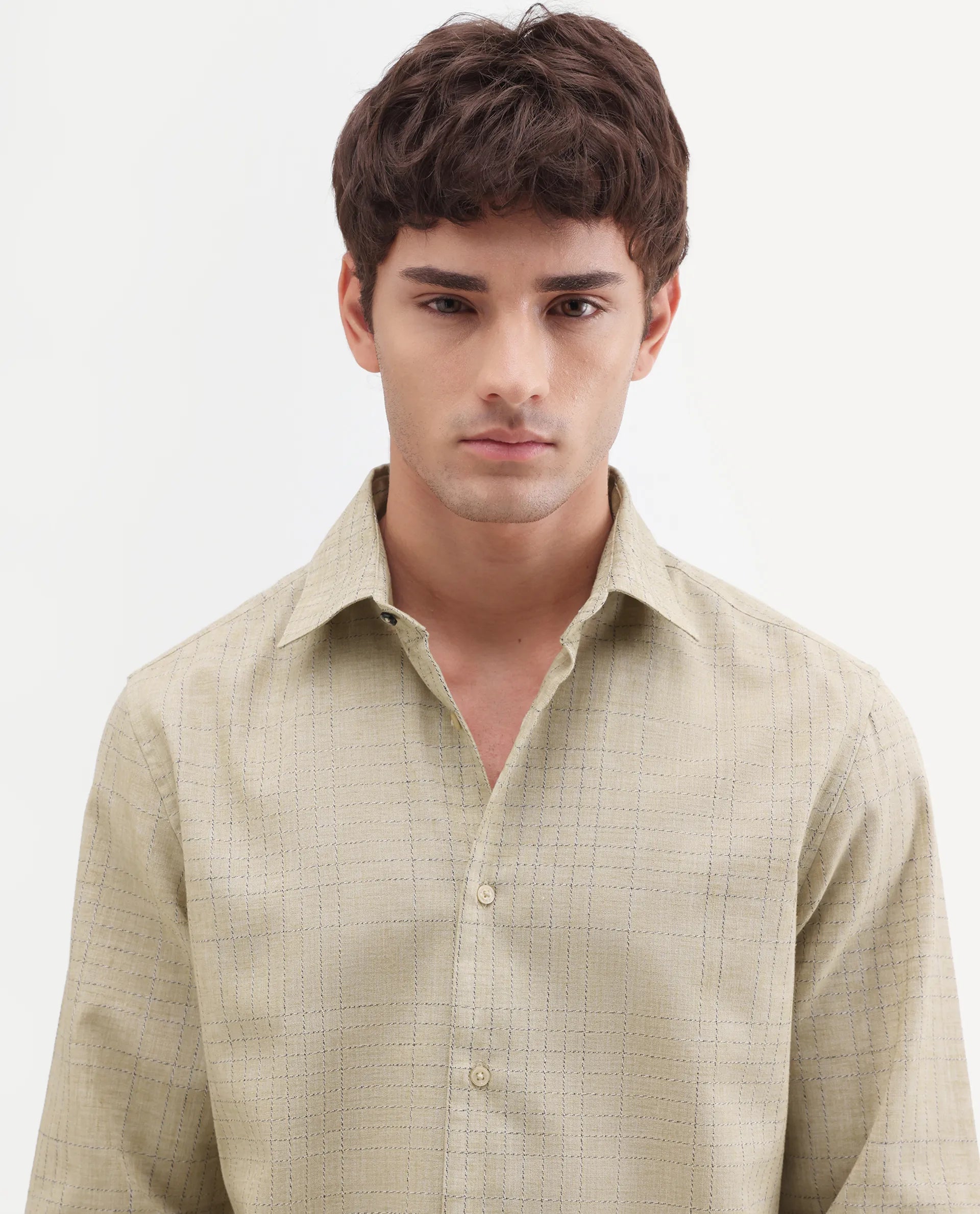 Rare Rabbit Men's Throt Khaki Cotton Blend Fabric Spread Collar Regular Fit Checked Shirt
