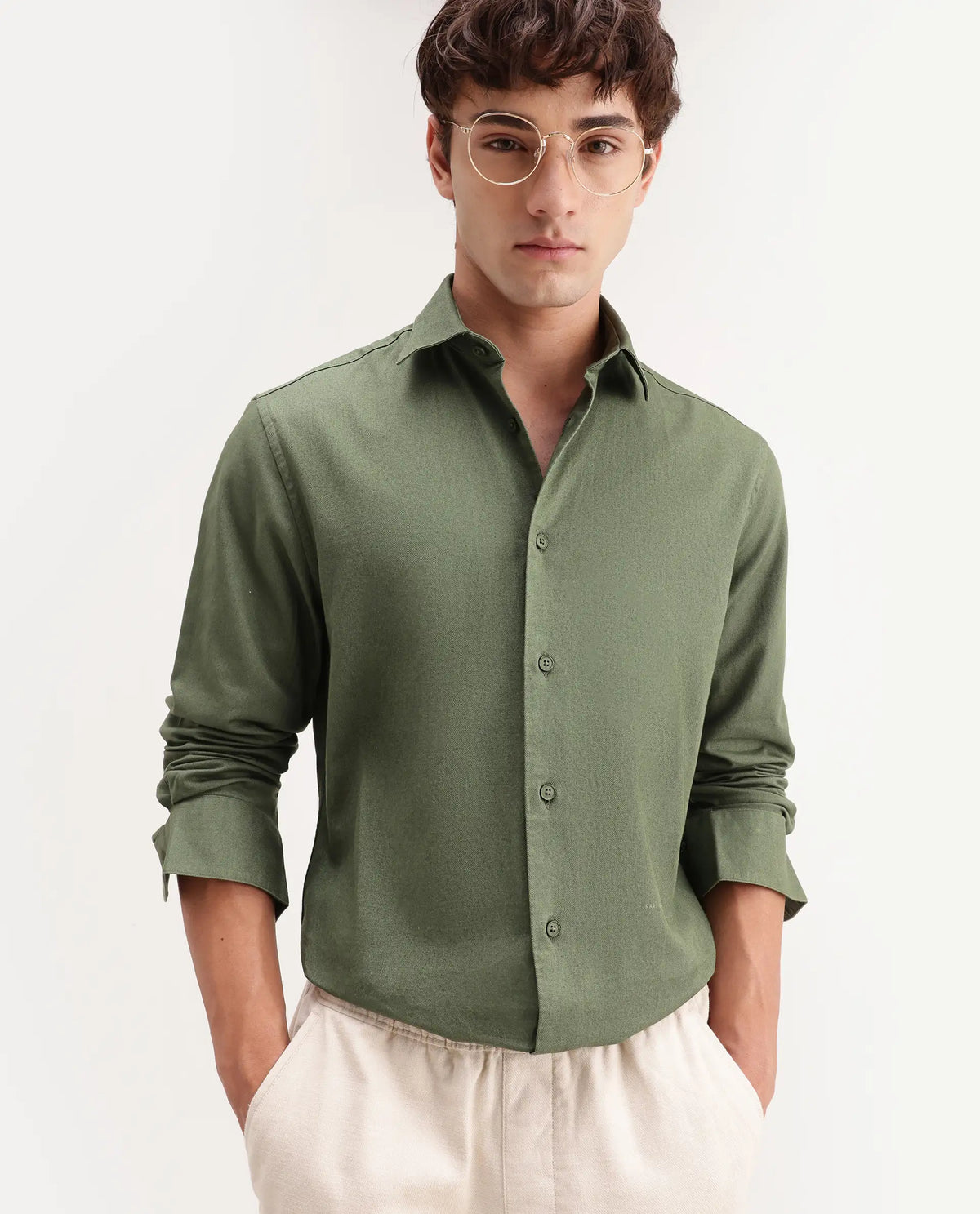 Rare Rabbit Men's Sern Dusky Green Cotton Spread Collar Button Regular Plain Shirt