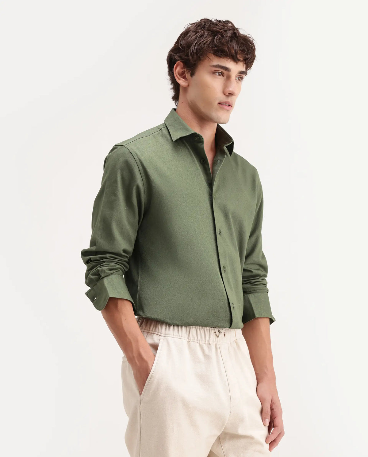 Rare Rabbit Men's Sern Dusky Green Cotton Spread Collar Button Regular Plain Shirt