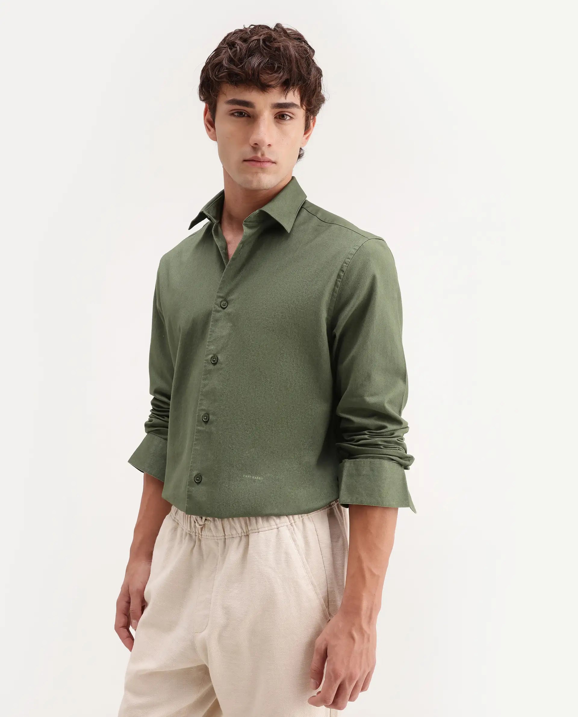 Rare Rabbit Men's Sern Dusky Green Cotton Spread Collar Button Regular Plain Shirt