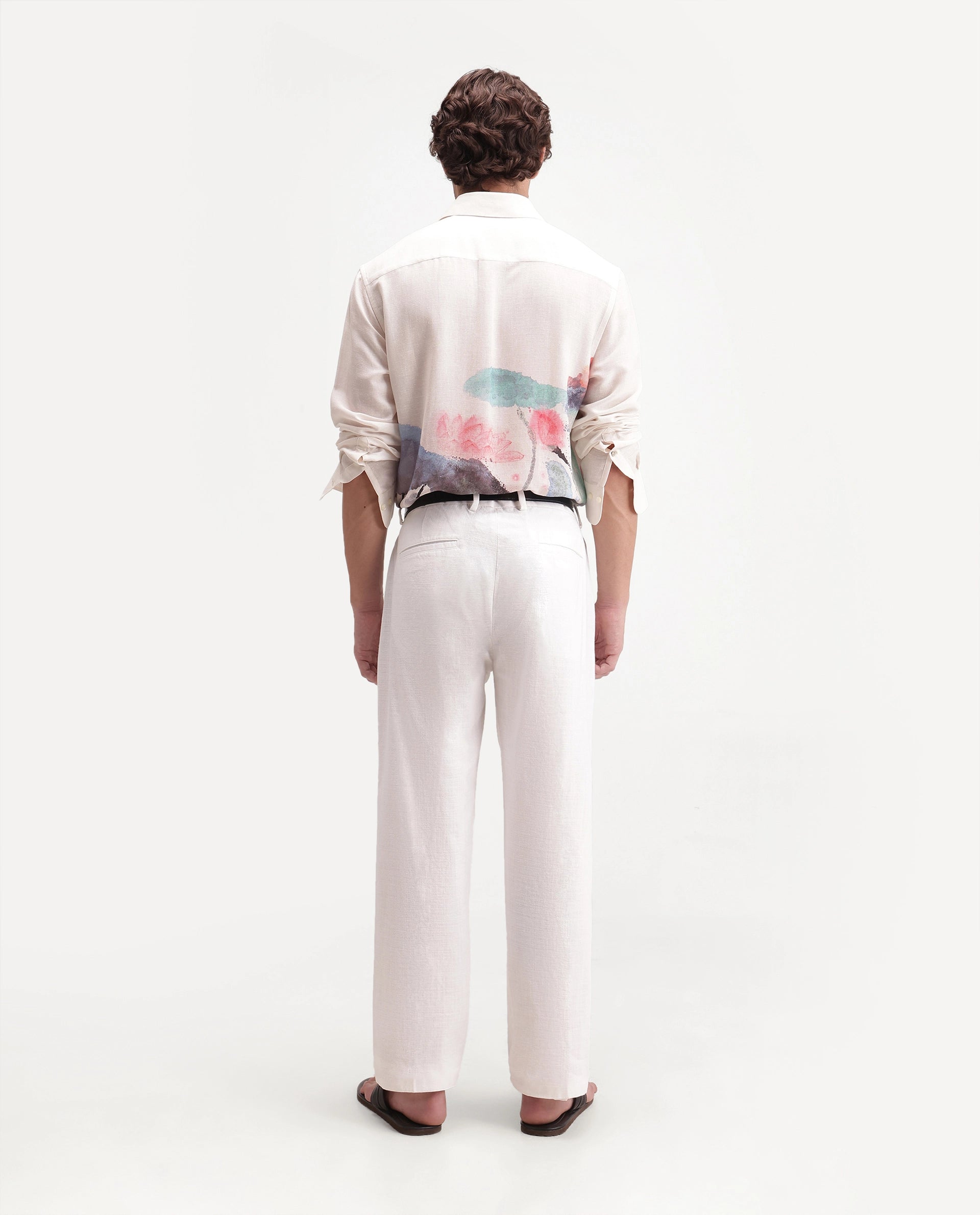Rare Rabbit Men's Forge White Linen Blend Fabric Regular Fit Plain Trouser