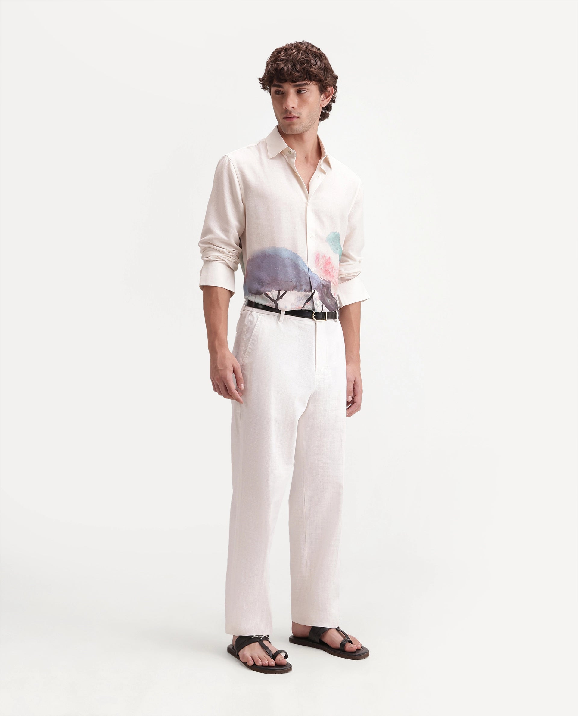 Rare Rabbit Men's Forge White Linen Blend Fabric Regular Fit Plain Trouser