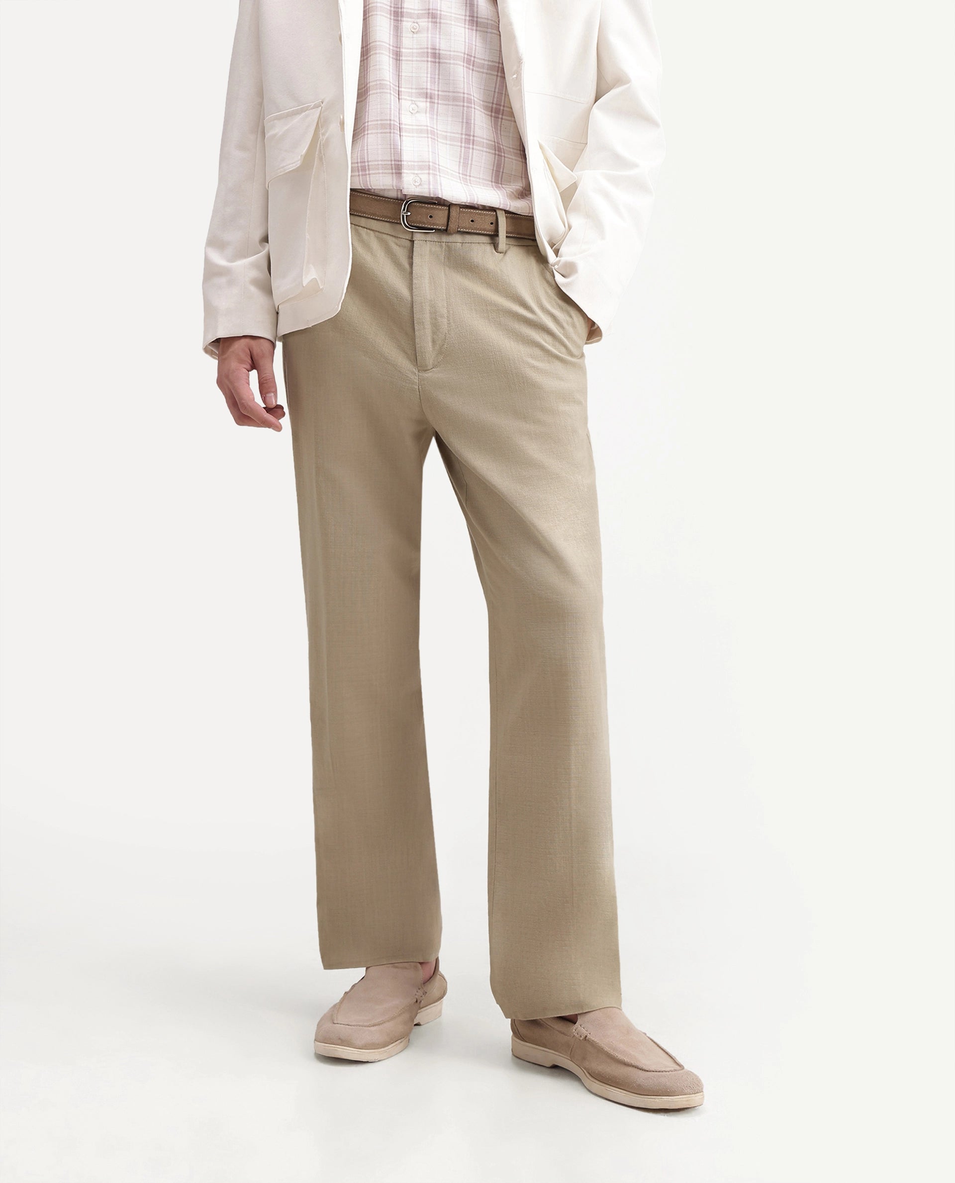 Rare Rabbit Men's Forge Khaki Linen Blend Fabric Regular Fit Plain Trouser