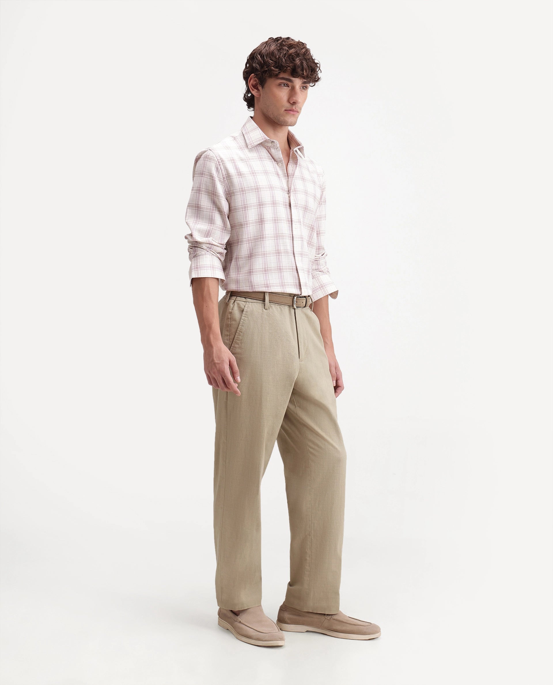 Rare Rabbit Men's Forge Khaki Linen Blend Fabric Regular Fit Plain Trouser
