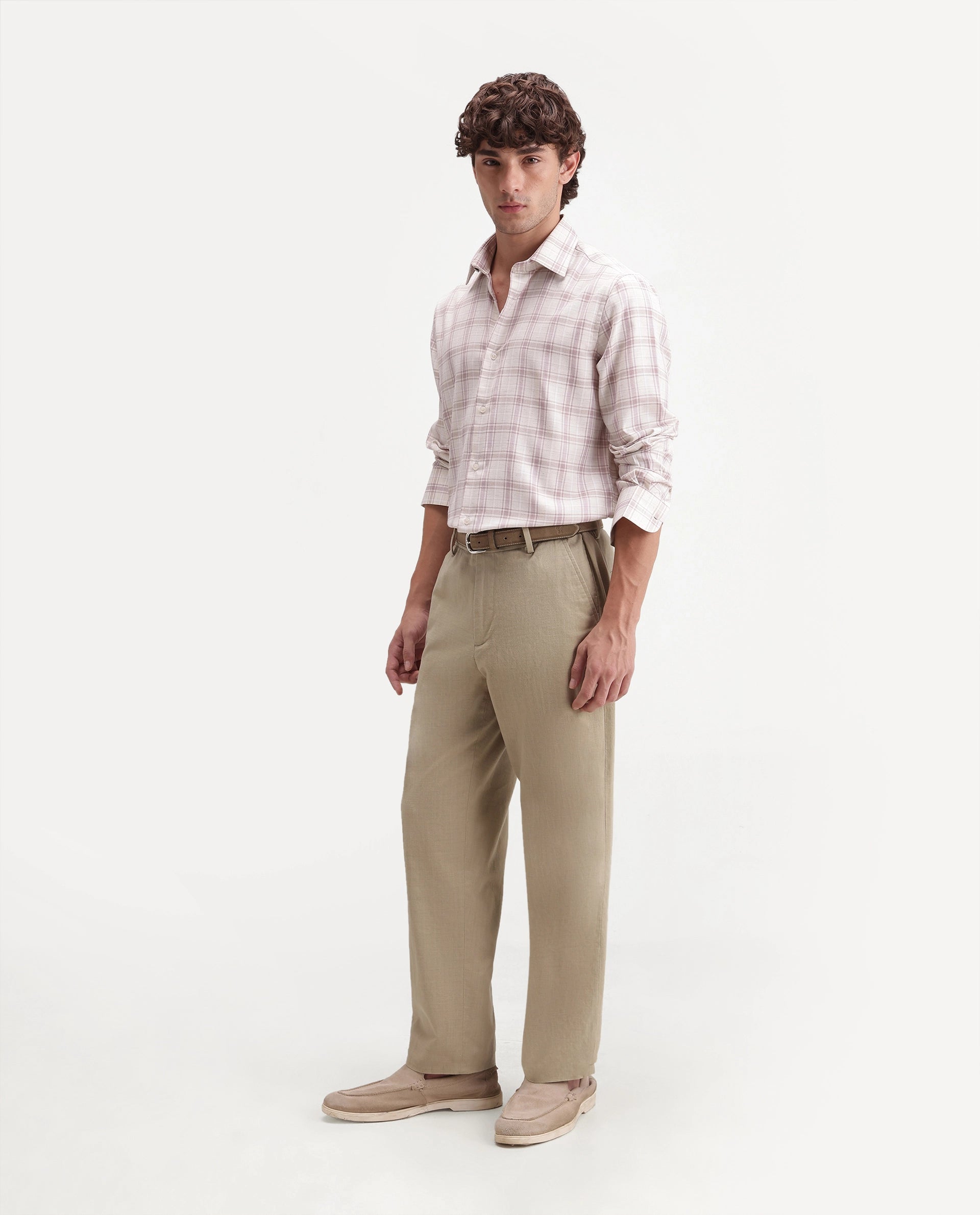 Rare Rabbit Men's Forge Khaki Linen Blend Fabric Regular Fit Plain Trouser