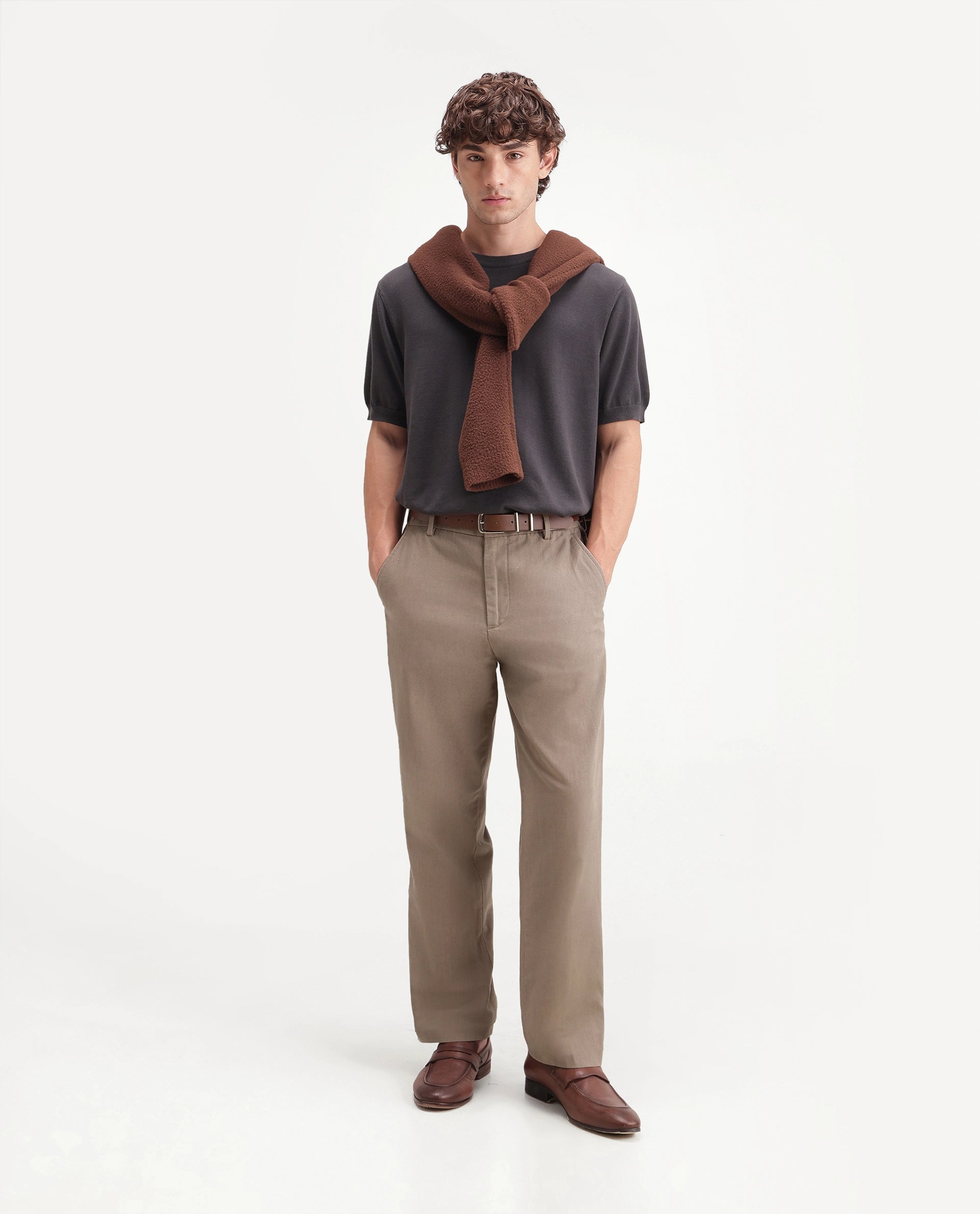 Rare Rabbit Men's Forge Dark Beige Linen Blend Fabric Regular Fit Plain Trouser