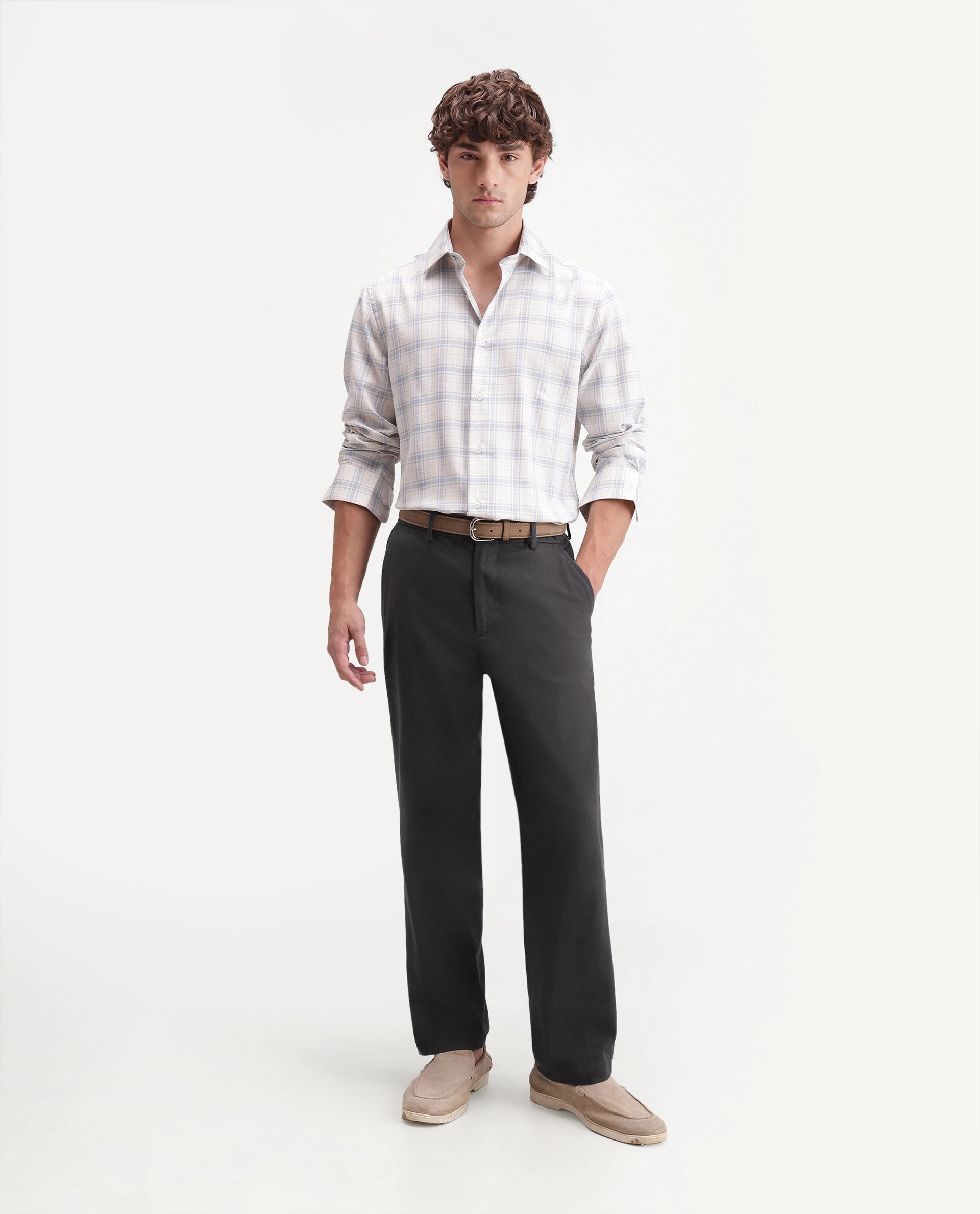 Rare Rabbit Men's Forge Dark Grey Linen Blend Fabric Regular Fit Plain Trouser