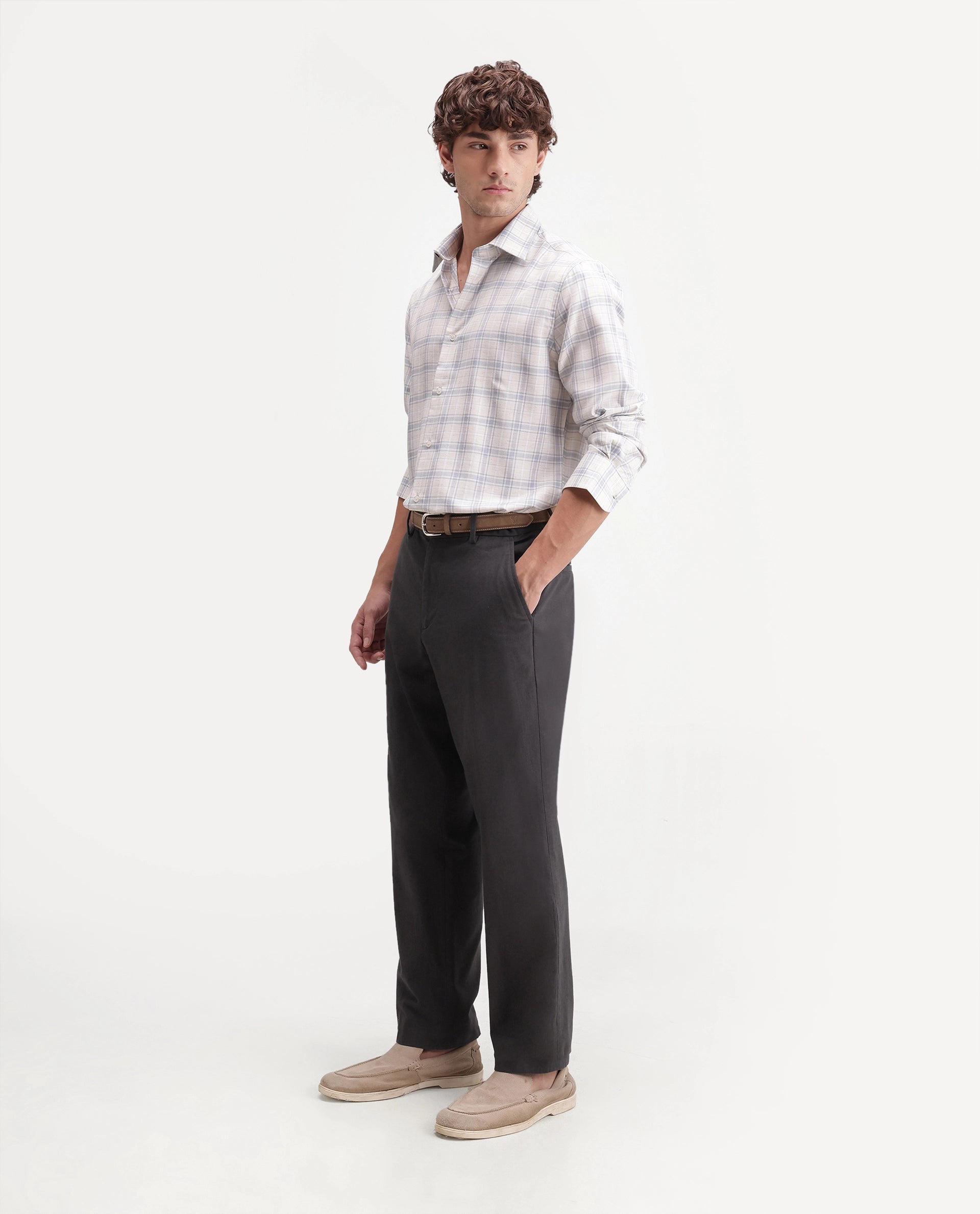 Rare Rabbit Men's Forge Dark Grey Linen Blend Fabric Regular Fit Plain Trouser