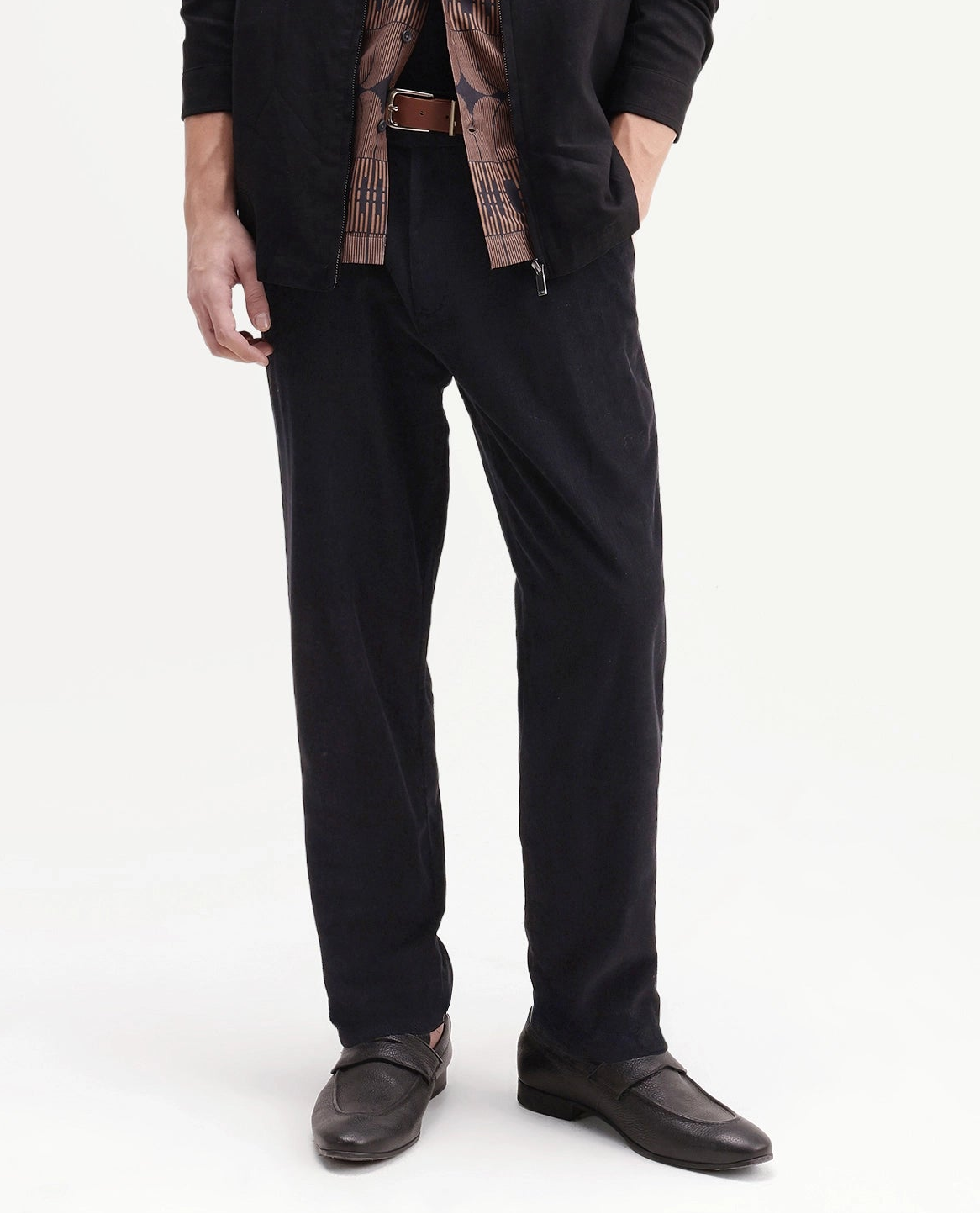 Rare Rabbit Men's Chans Black Cotton Straight Fit Length Plain Trouser
