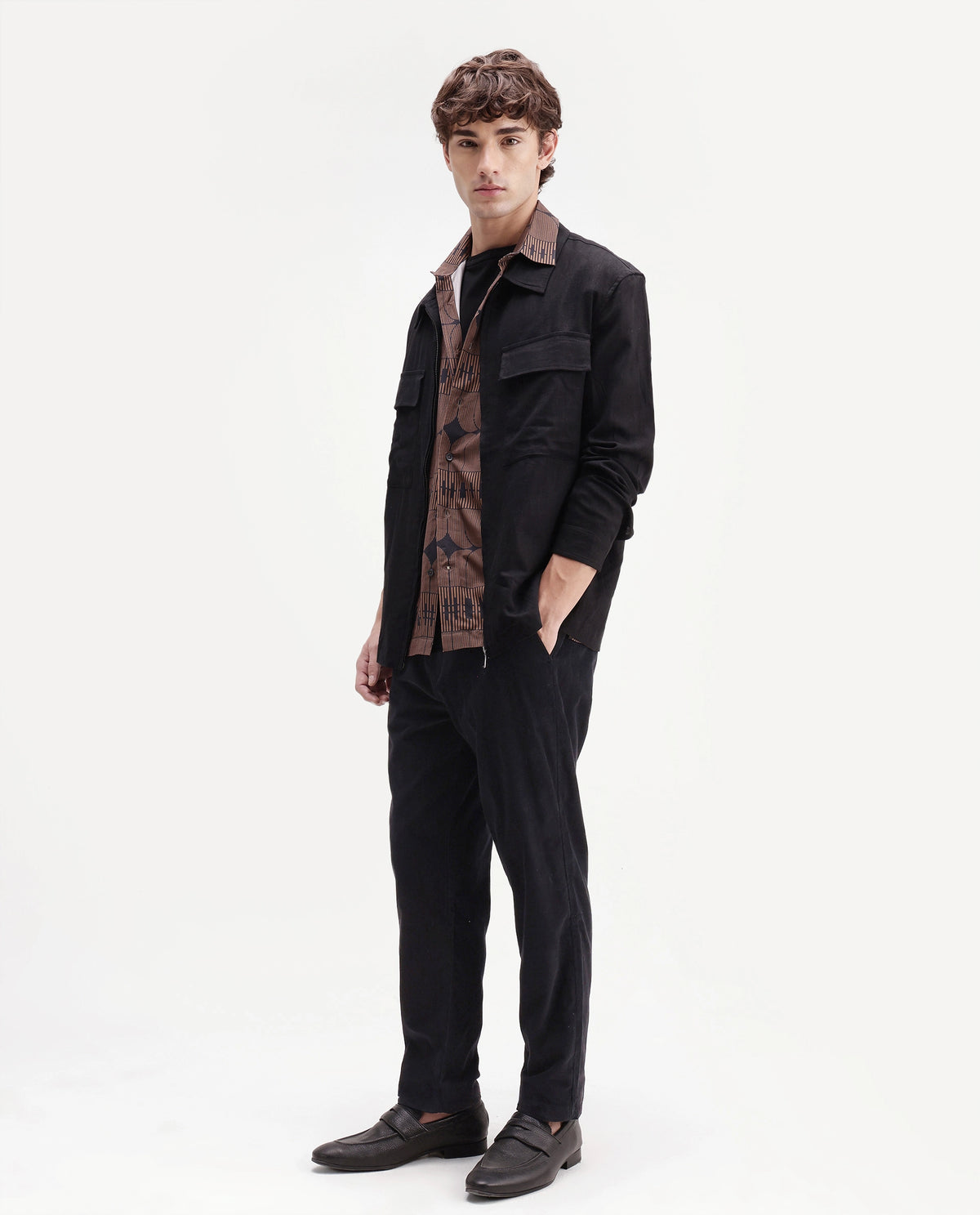 Rare Rabbit Men's Chans Black Cotton Straight Fit Length Plain Trouser
