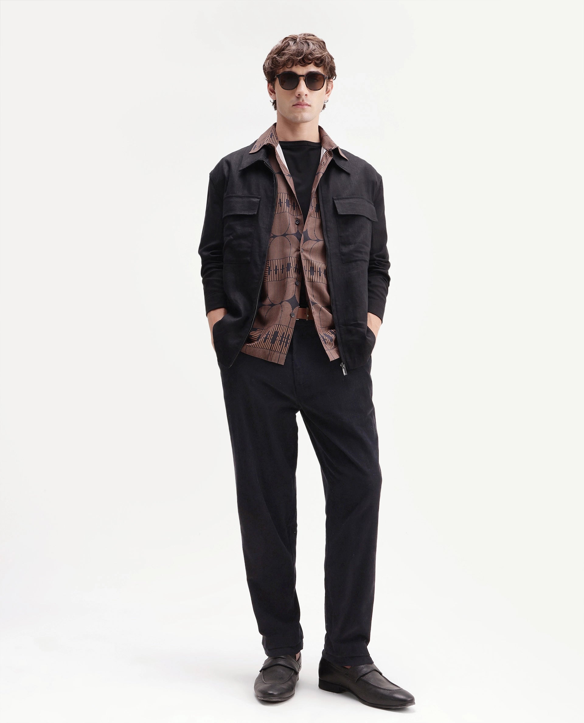Rare Rabbit Men's Chans Black Cotton Straight Fit Length Plain Trouser