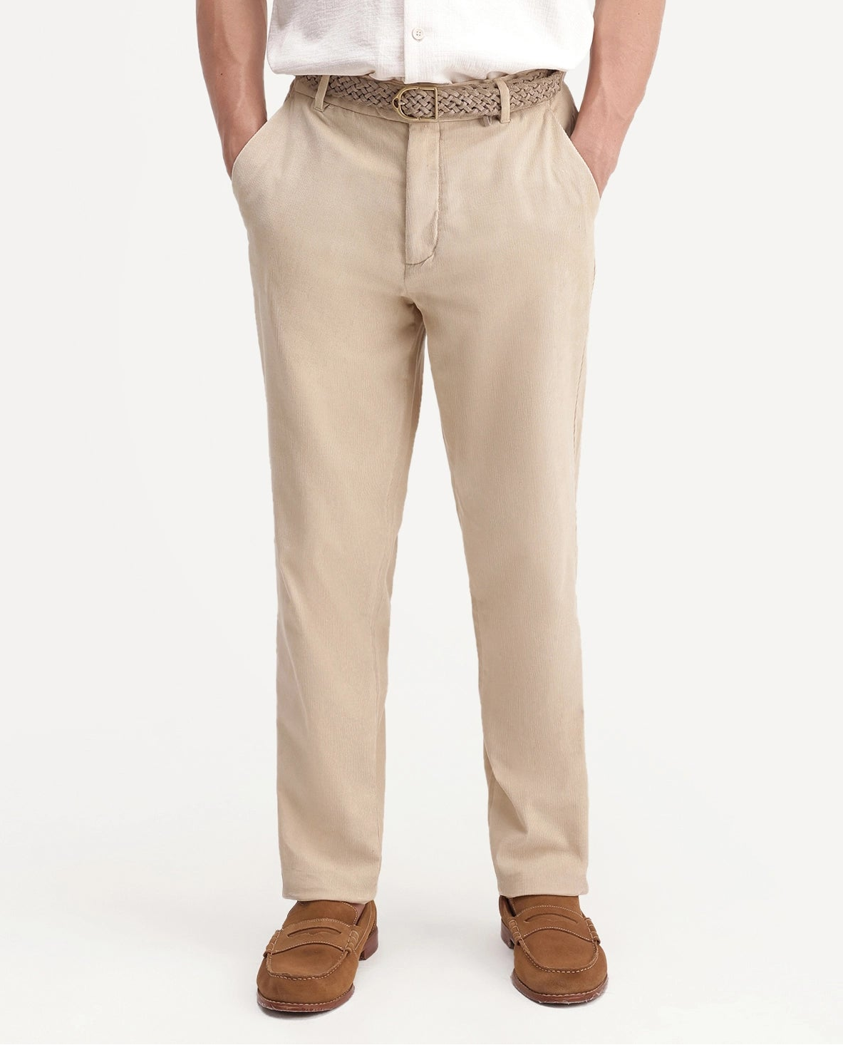 Rare Rabbit Men's Chans Beige Cotton Straight Fit Length Plain Trouser