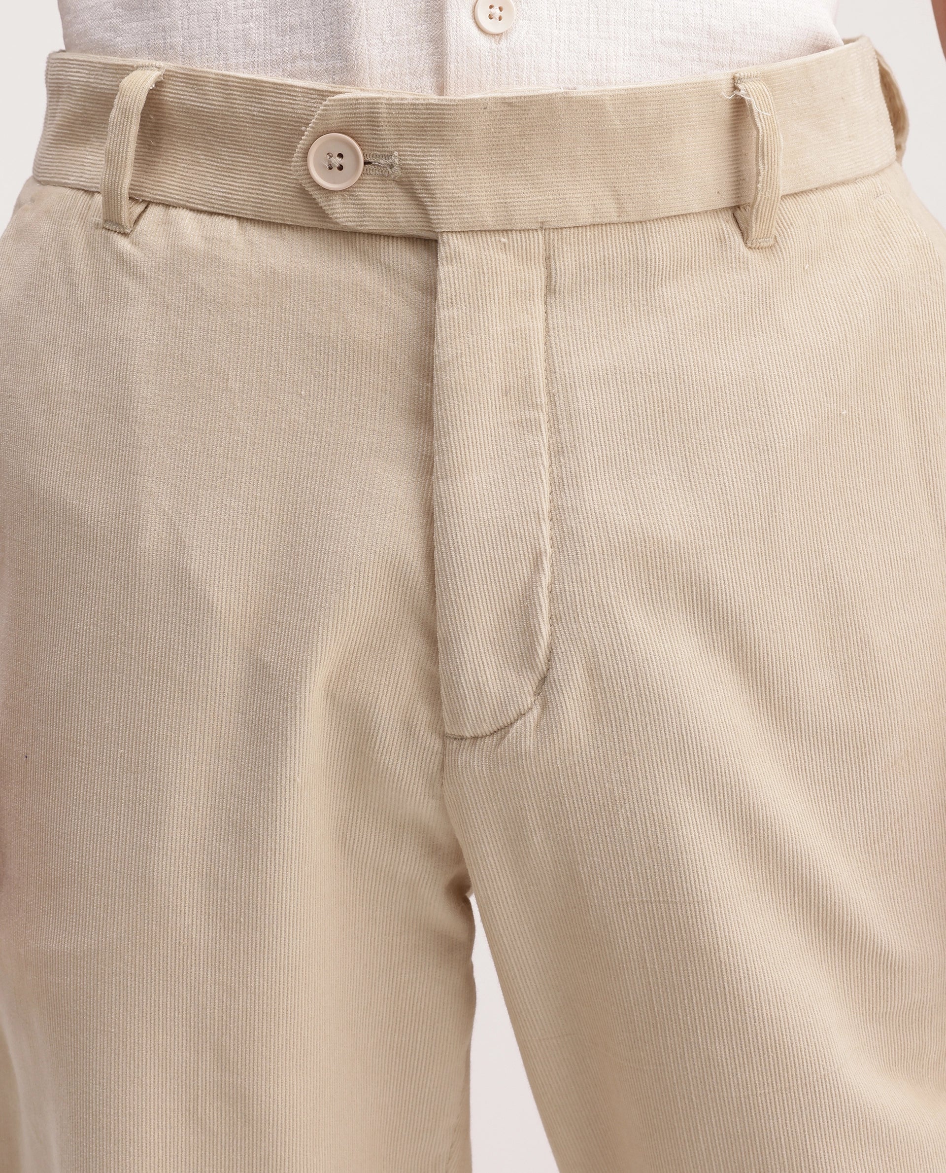 Rare Rabbit Men's Chans Beige Cotton Straight Fit Length Plain Trouser