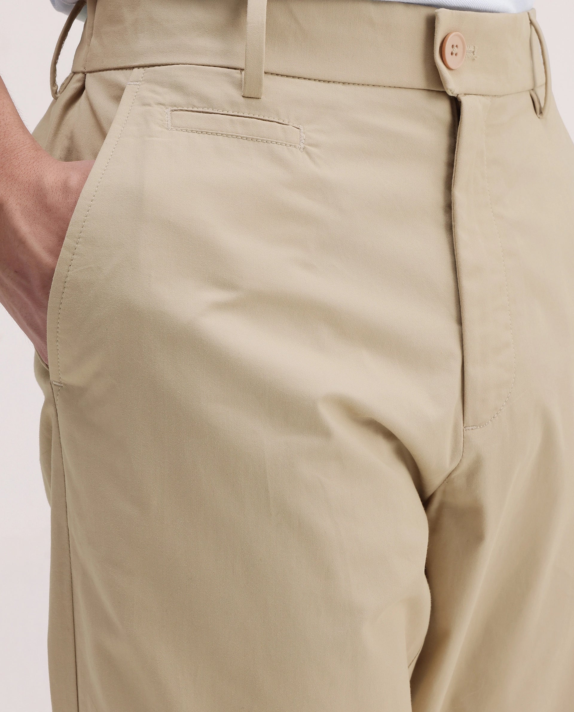 Rare Rabbit Men's Eder-T Beige Cotton Fabric Regular Fit Plain Trouser