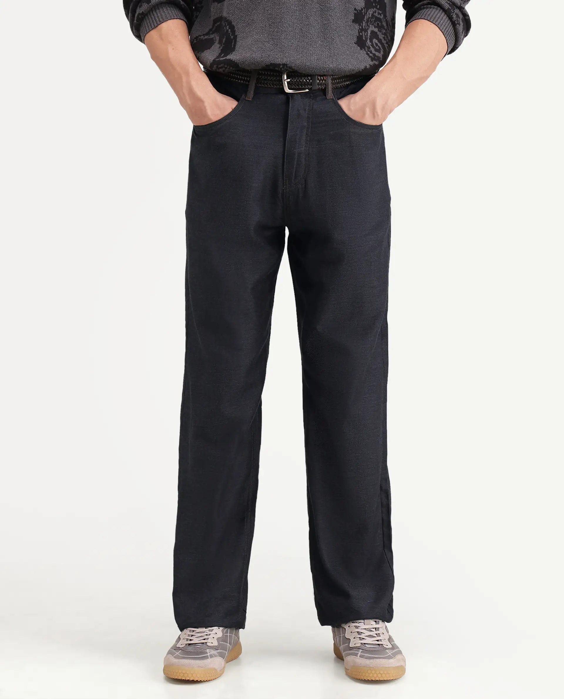 Rare Rabbit Men's Widow-B Black Cotton Blend Fabric Regular Fit Plain Trouser