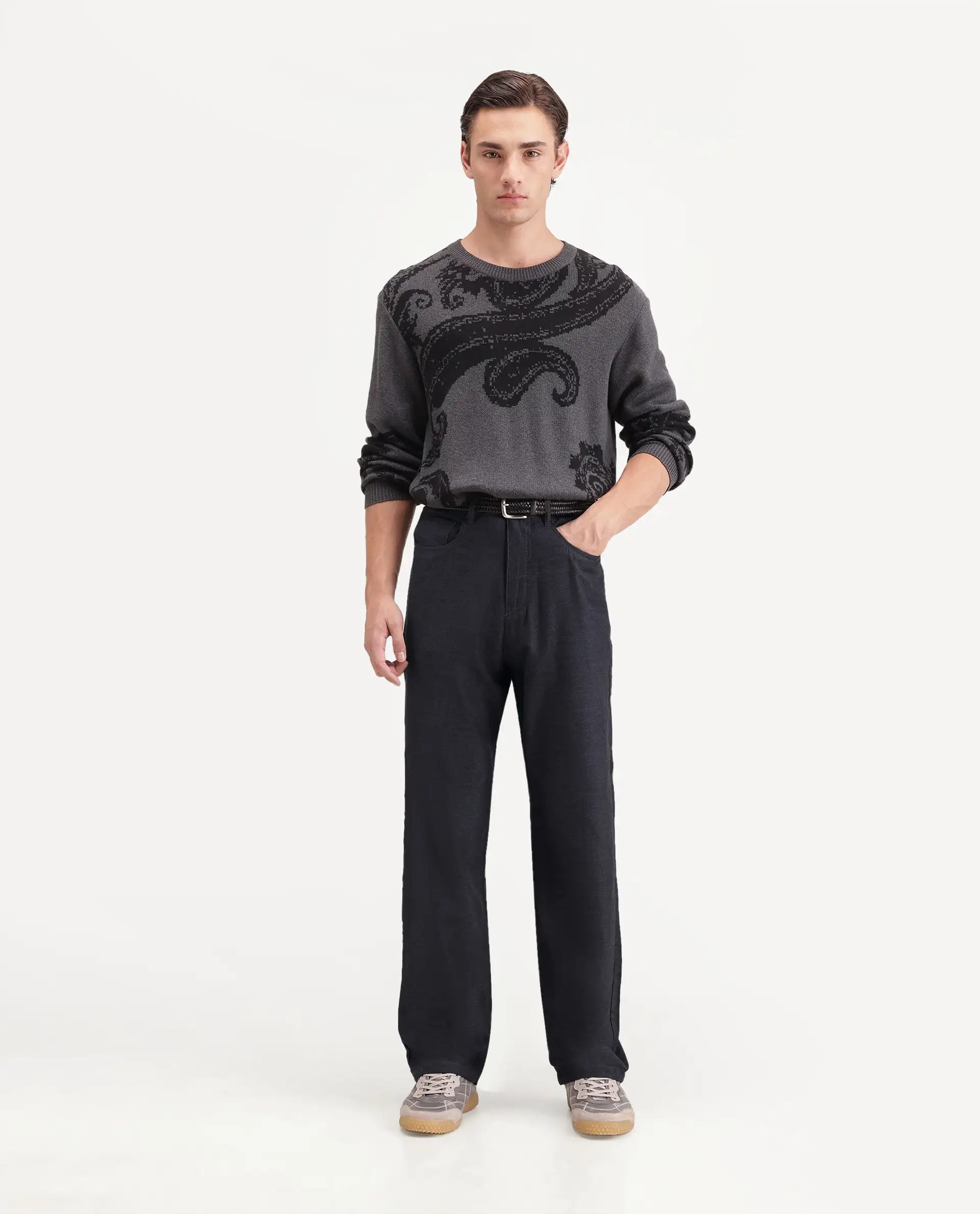 Rare Rabbit Men's Widow-B Black Cotton Blend Fabric Regular Fit Plain Trouser