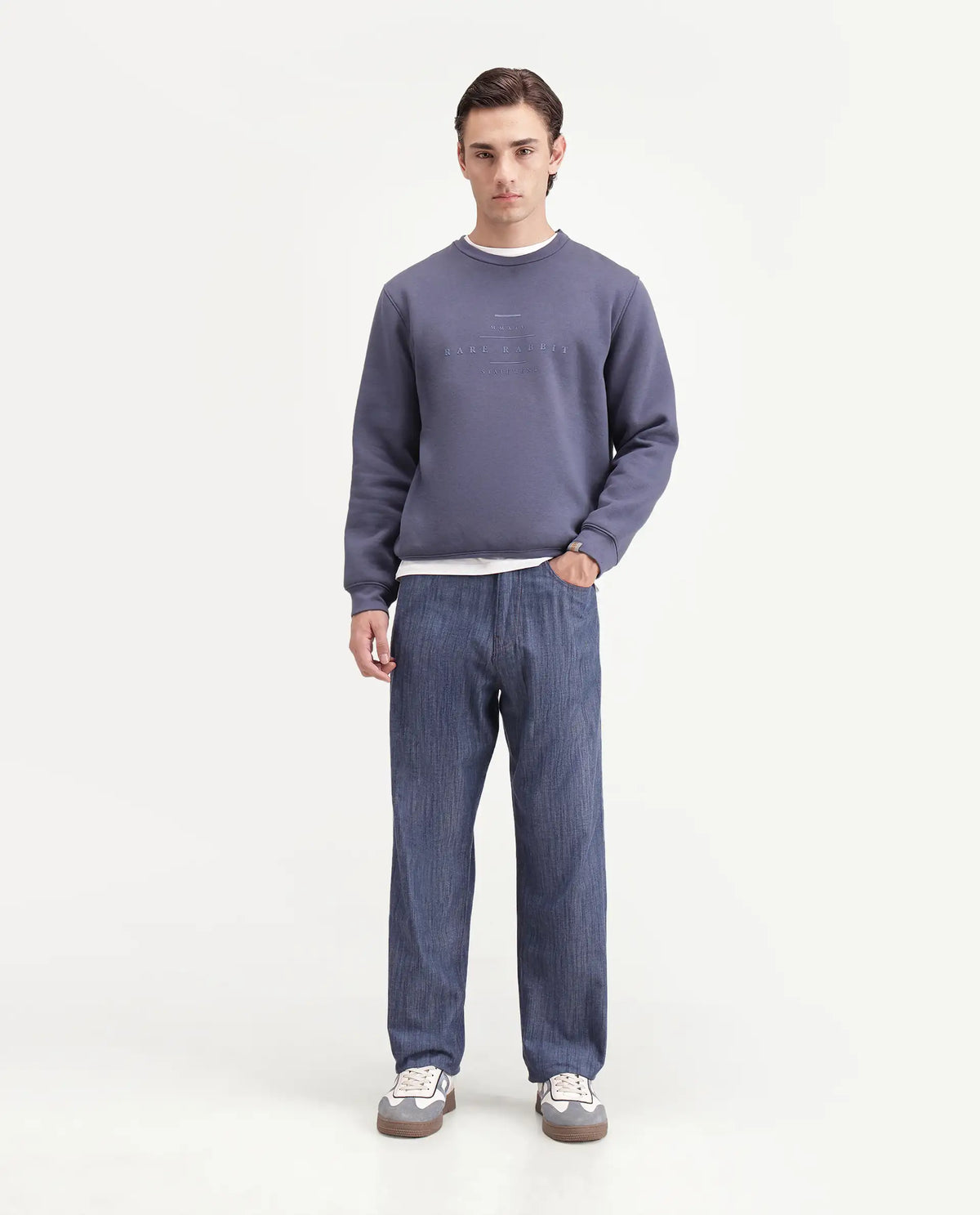 Rare Rabbit Men's Bettle-B Dark Blue Cotton Blend Fabric Regular Fit Plain Trouser