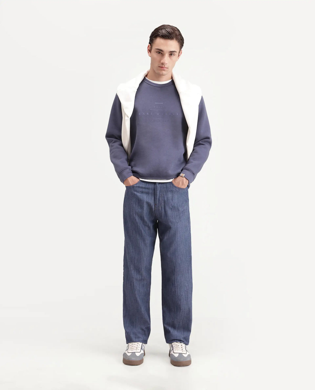 Rare Rabbit Men's Bettle-B Dark Blue Cotton Blend Fabric Regular Fit Plain Trouser