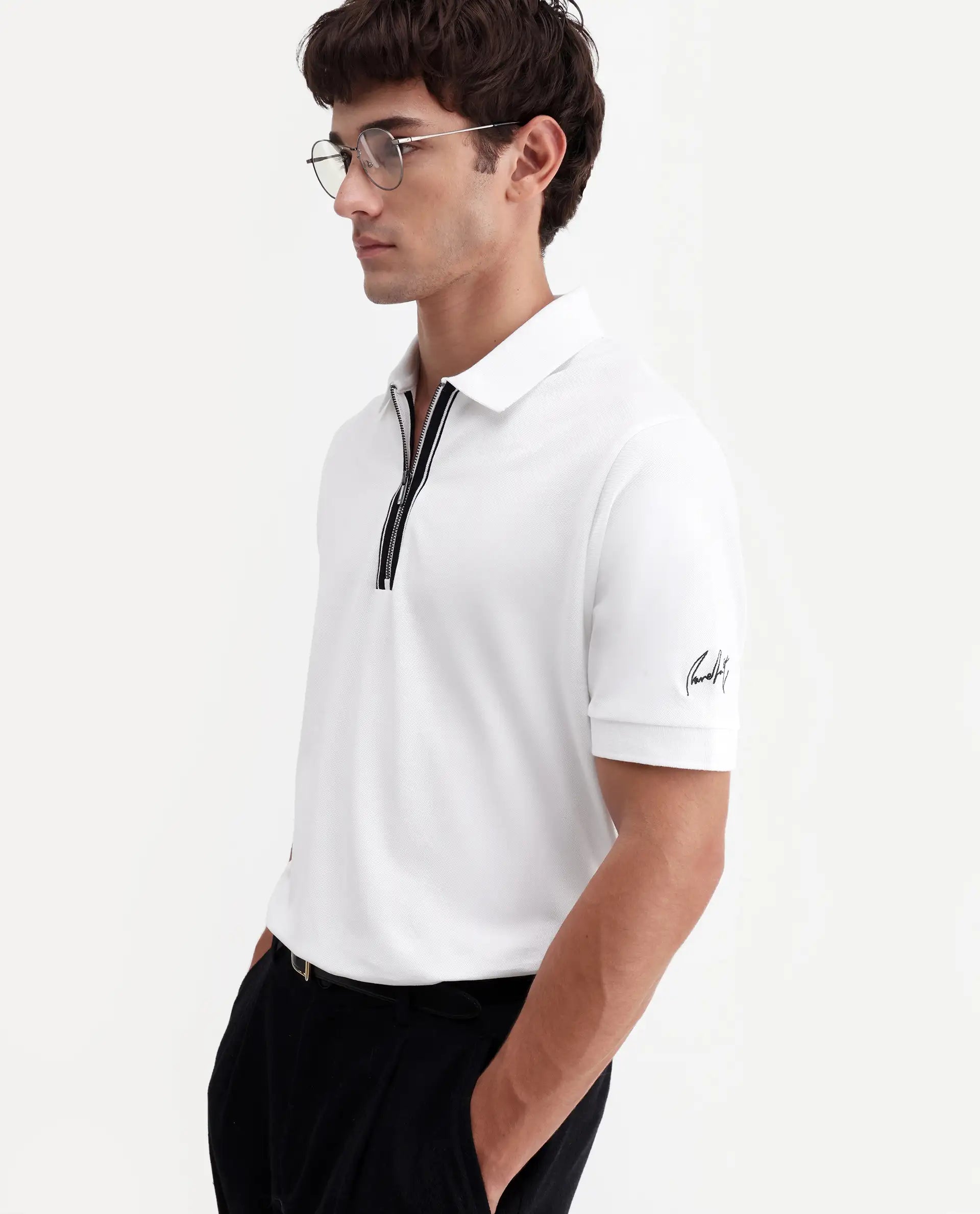 Rare Rabbit Men's Fur White Cotton Fabric Spread Collar Regular Fit Plain Polo