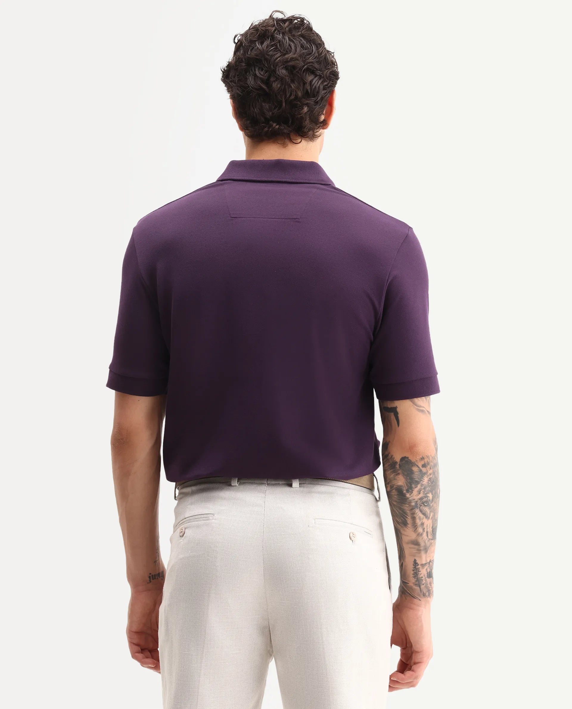 Rare Rabbit Men's Fur Dark Purple Cotton Fabric Spread Collar Regular Fit Embroidered Polo