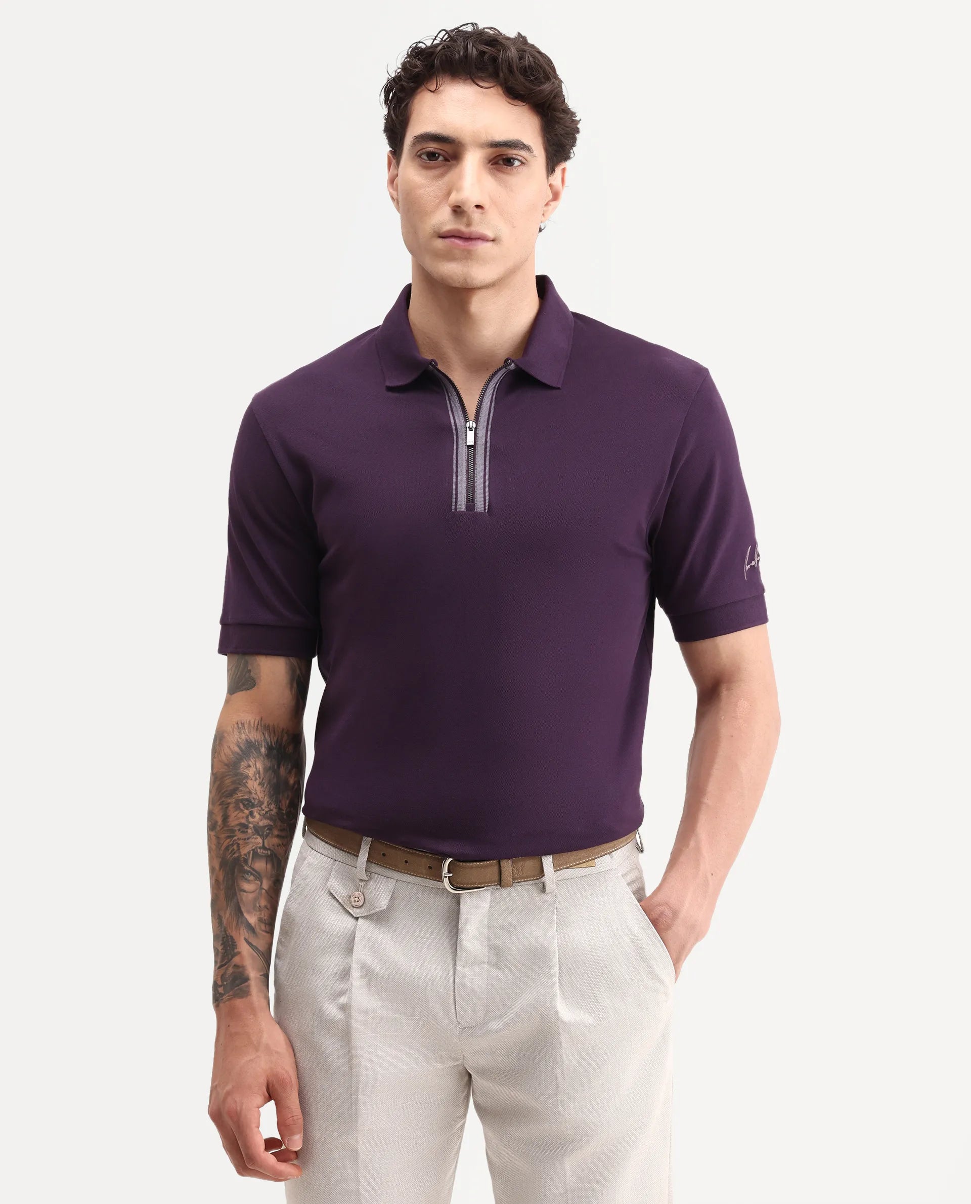 Rare Rabbit Men's Fur Dark Purple Cotton Fabric Spread Collar Regular Fit Embroidered Polo