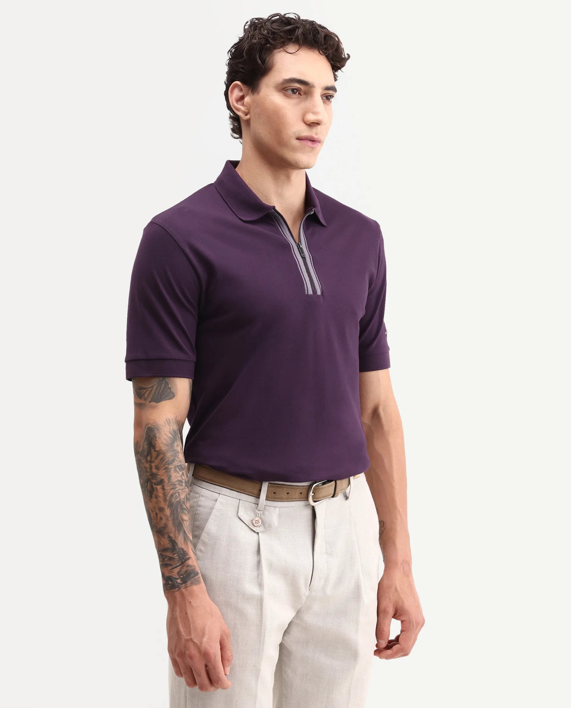 Rare Rabbit Men's Fur Dark Purple Cotton Fabric Spread Collar Regular Fit Embroidered Polo