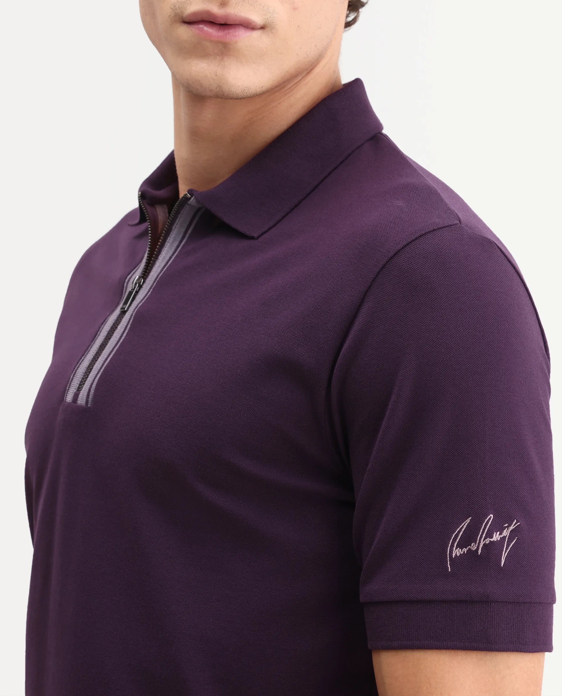 Rare Rabbit Men's Fur Dark Purple Cotton Fabric Spread Collar Regular Fit Embroidered Polo