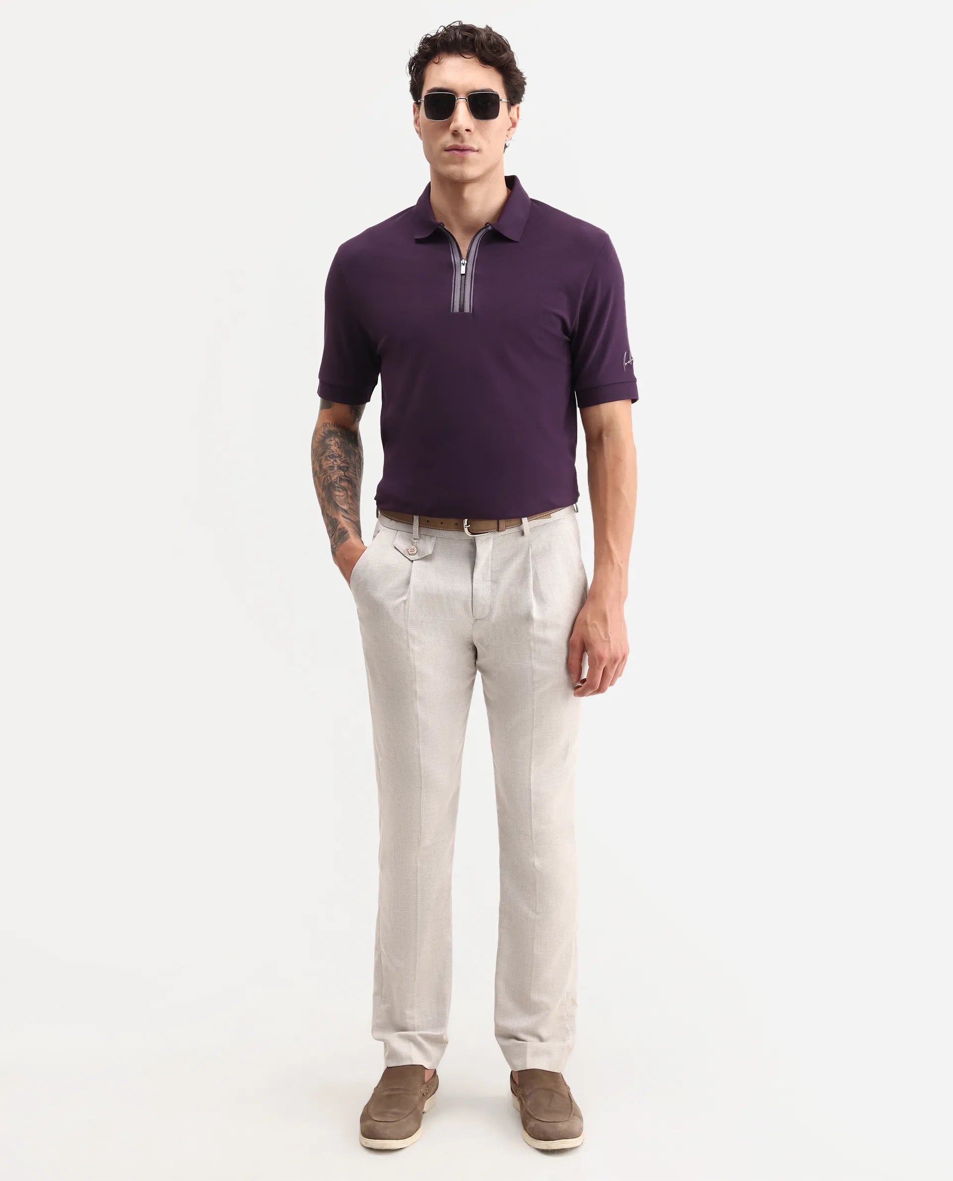 Rare Rabbit Men's Fur Dark Purple Cotton Fabric Spread Collar Regular Fit Embroidered Polo