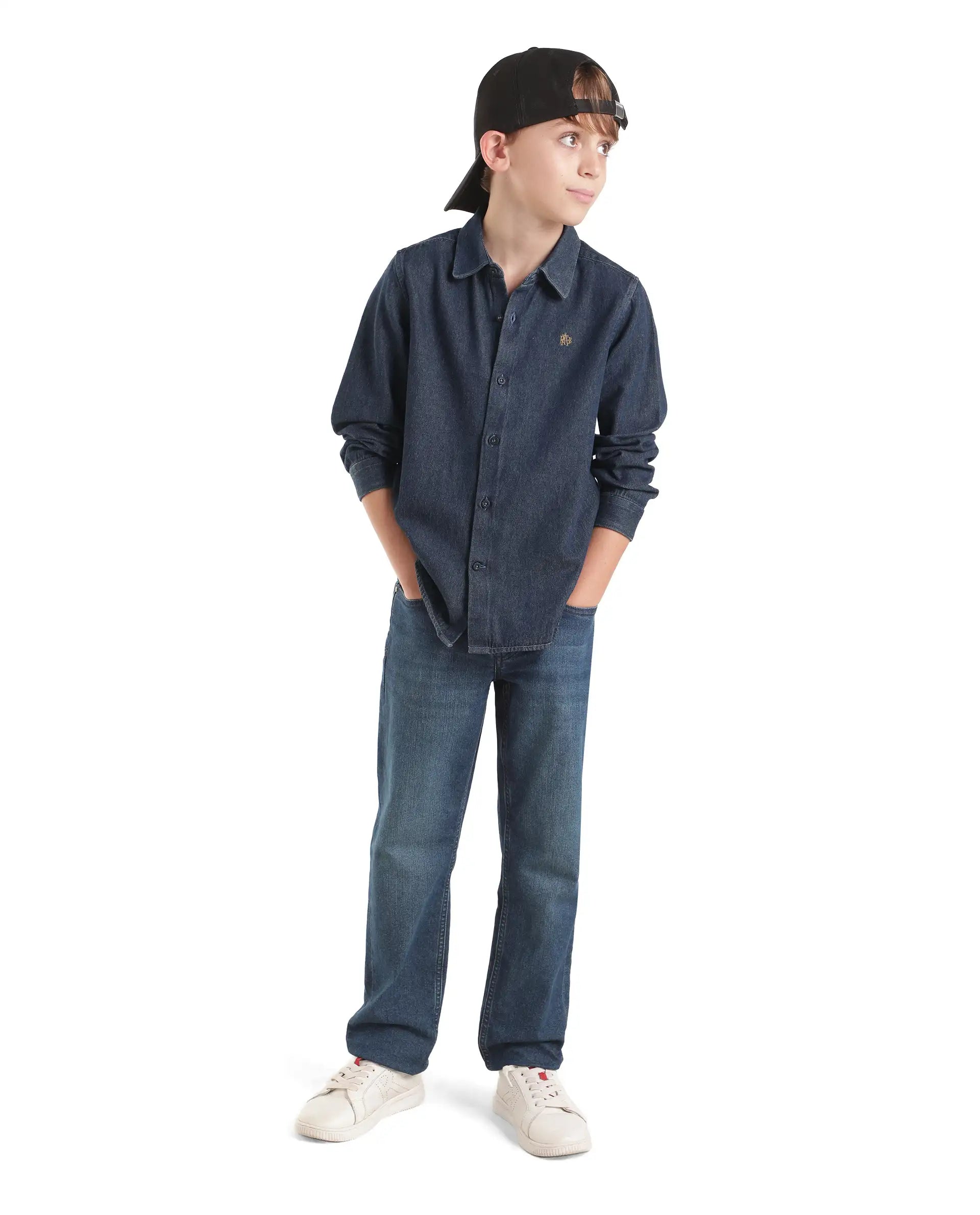Rare Ones Kids Saiot Dark Blue Cotton Blend Fabric Button Closure Regular Fit Shirt