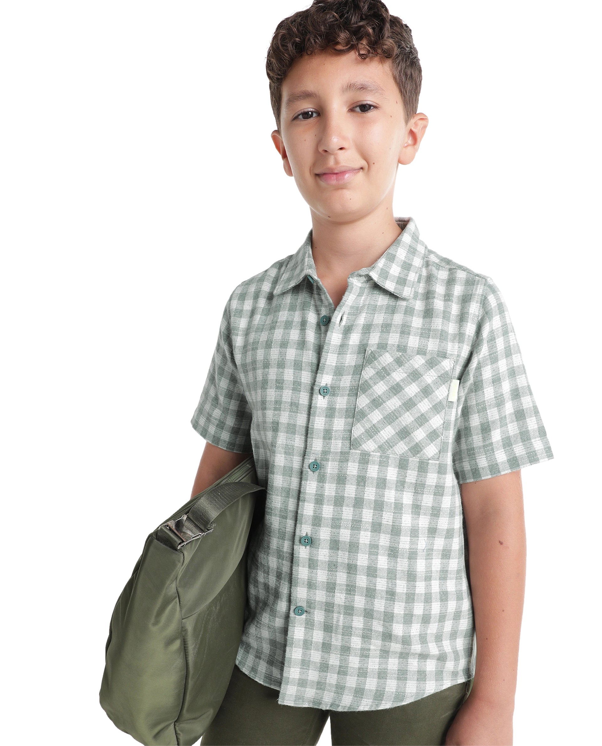Rare Ones Kids Itel Dusky Green Cotton Fabric Button Closure Regular Fit Shirt