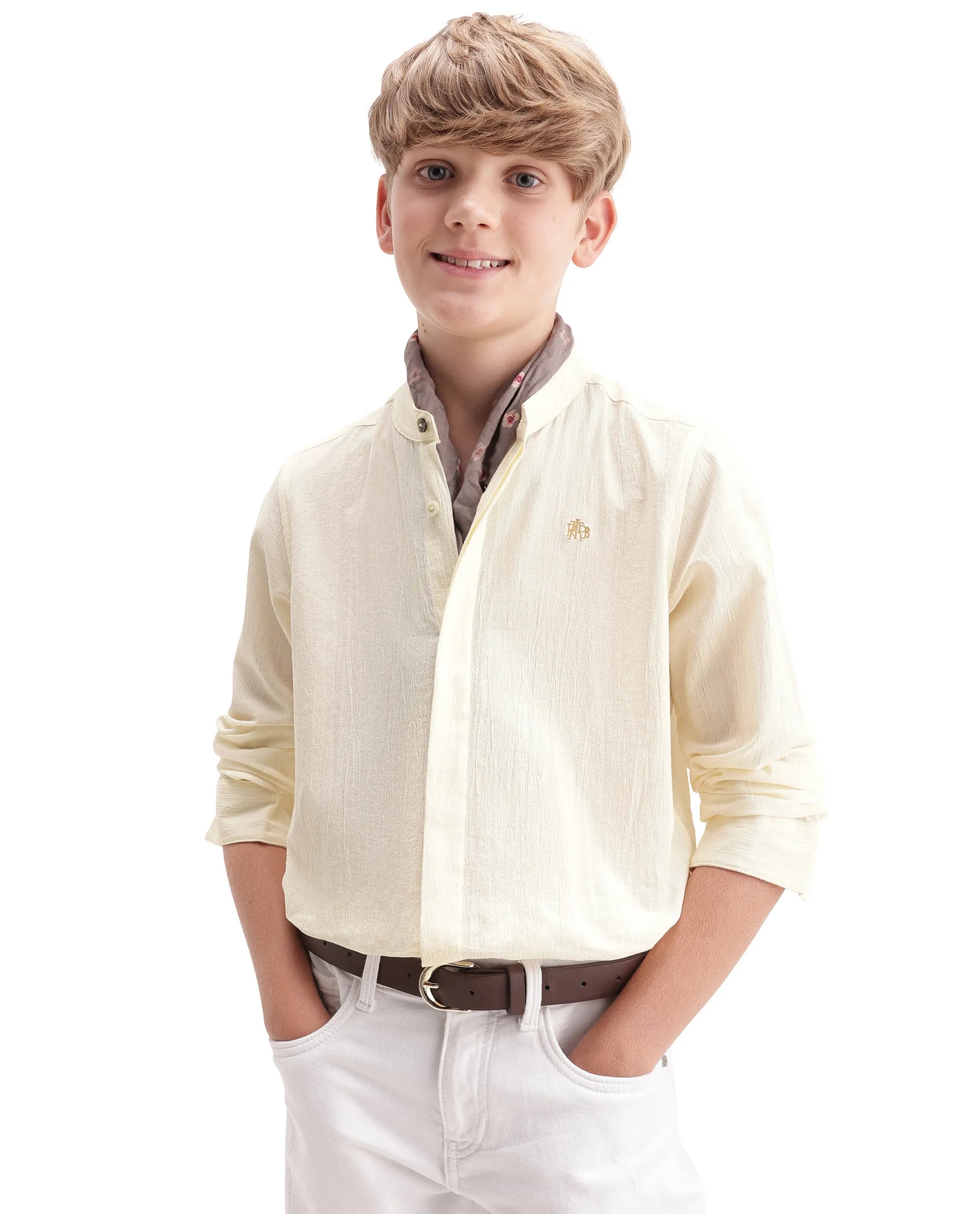 Rare Ones Kids Clin Off White Cotton Fabric Button Closure Regular Fit Shirt