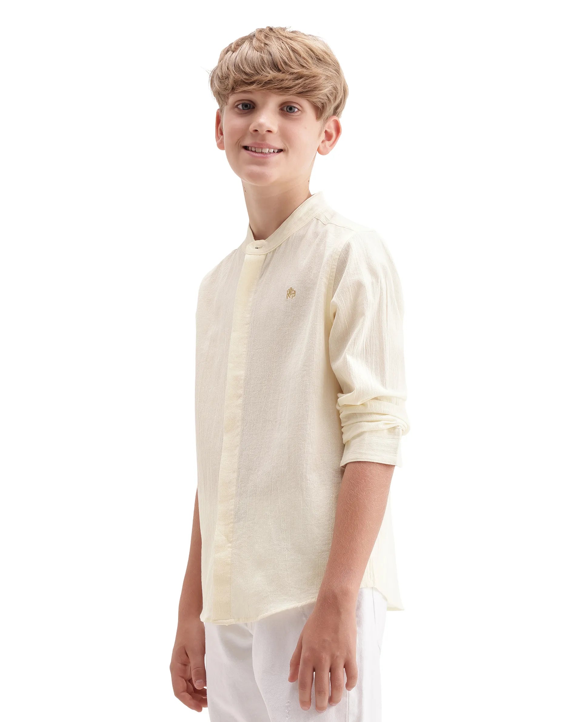 Rare Ones Kids Clin Off White Cotton Fabric Button Closure Regular Fit Shirt