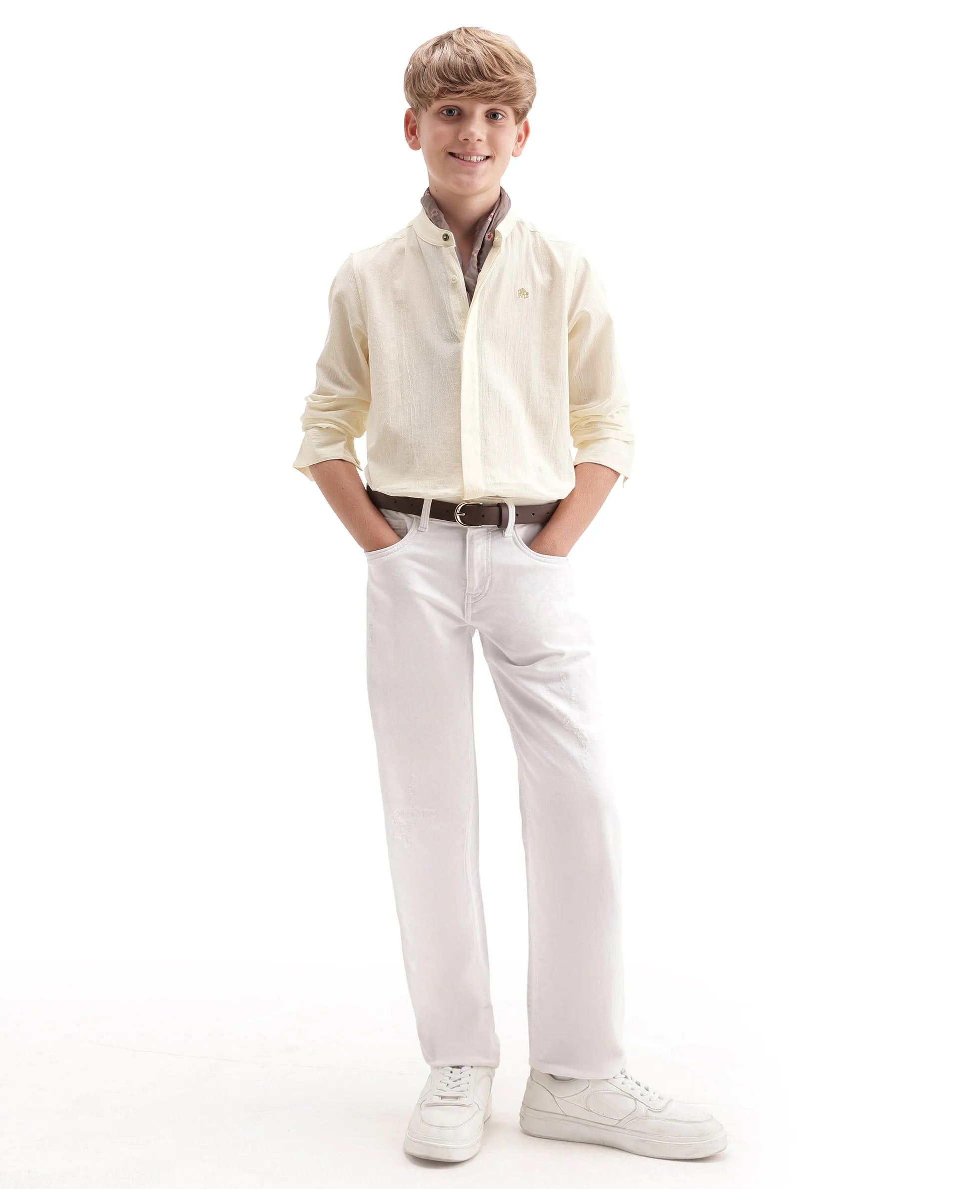 Rare Ones Kids Clin Off White Cotton Fabric Button Closure Regular Fit Shirt