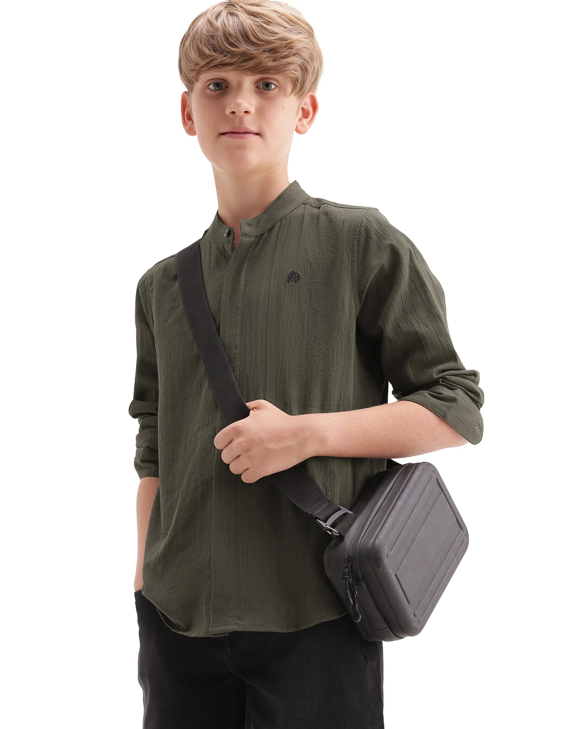 Rare Ones Kids Clin Olive Cotton Fabric Button Closure Regular Fit Shirt