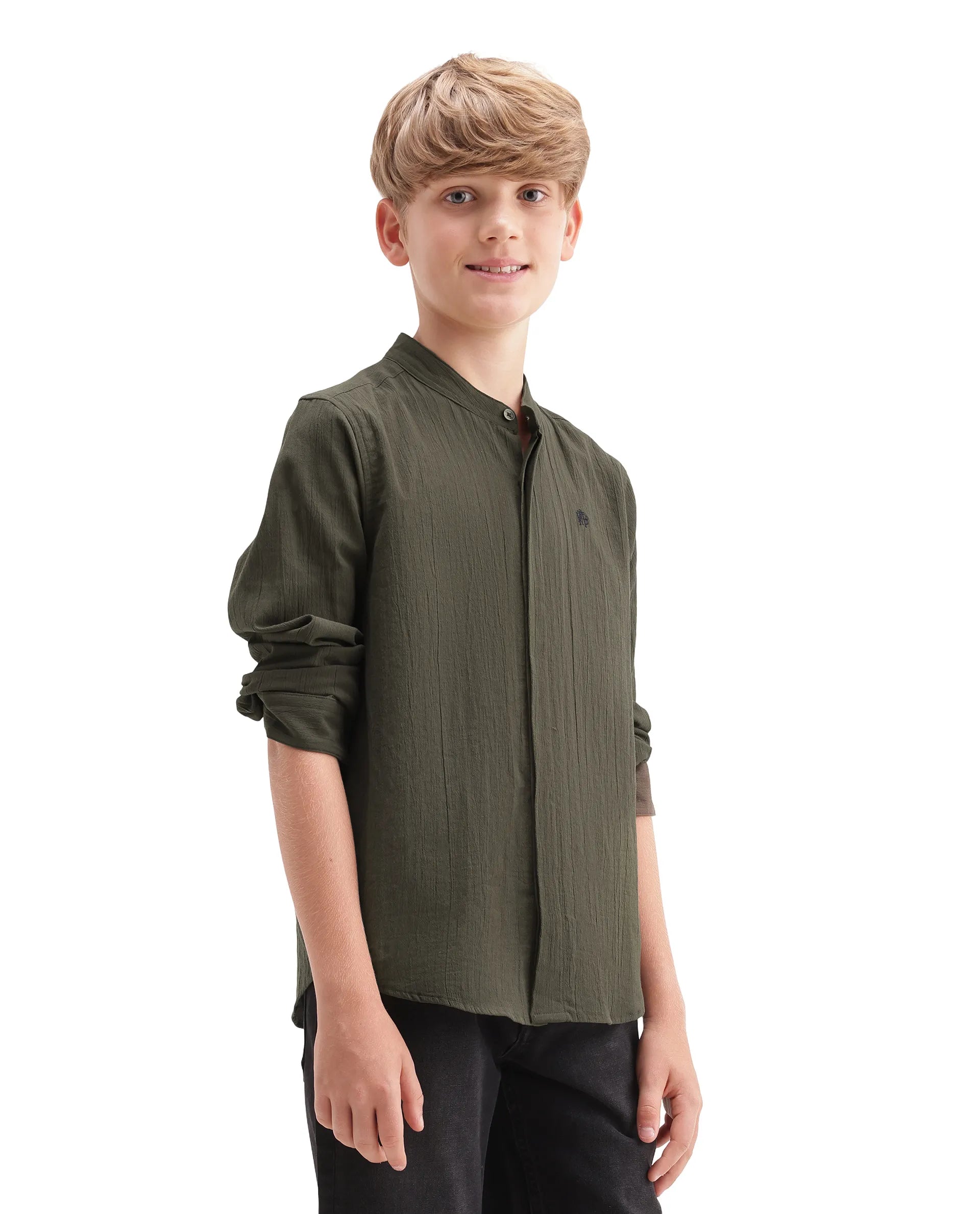 Rare Ones Kids Clin Olive Cotton Fabric Button Closure Regular Fit Shirt
