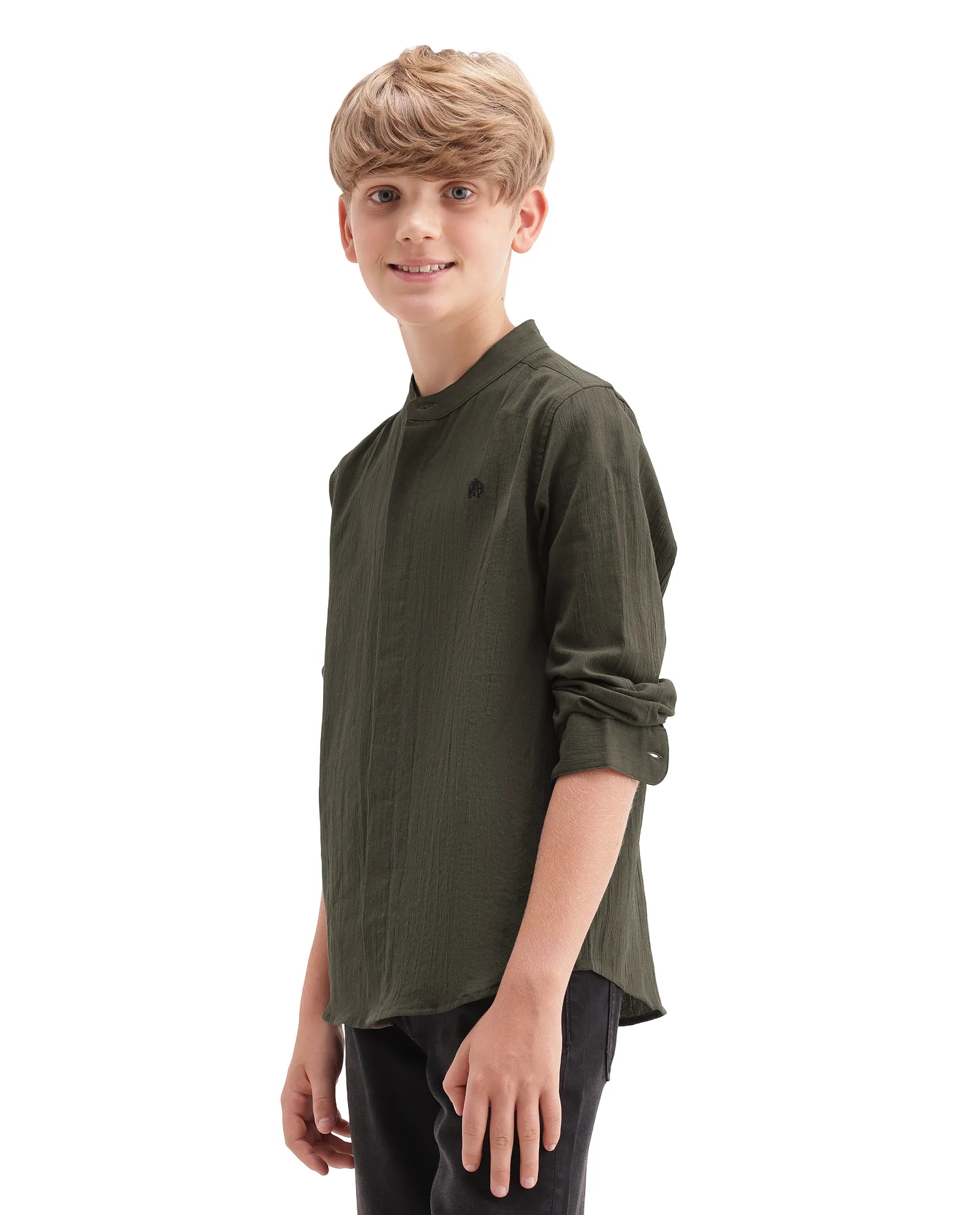 Rare Ones Kids Clin Olive Cotton Fabric Button Closure Regular Fit Shirt